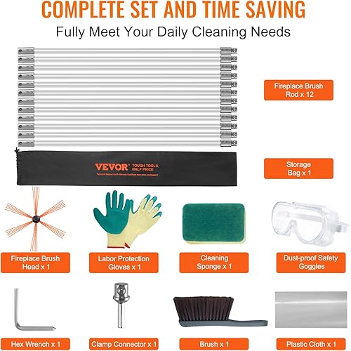 Miniatura 5 de VEVOR Kit de barrido de chimenea de 39 pies, con 12 varillas flexibles de nailon reforzado, cepillo ergonómico de limpieza de chimenea, cepillo