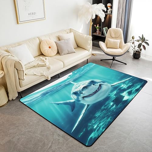 jejeloiu Alfombra de área con diseño de tiburón, 5 x 7 pies, para sala de estar, dormitorio, mundo submarino, temática azul acuático, animal