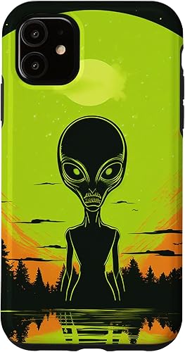 Vista 7 de iPhone 14 Pro Cute Green Alien Head UFO Space Face Alien Case