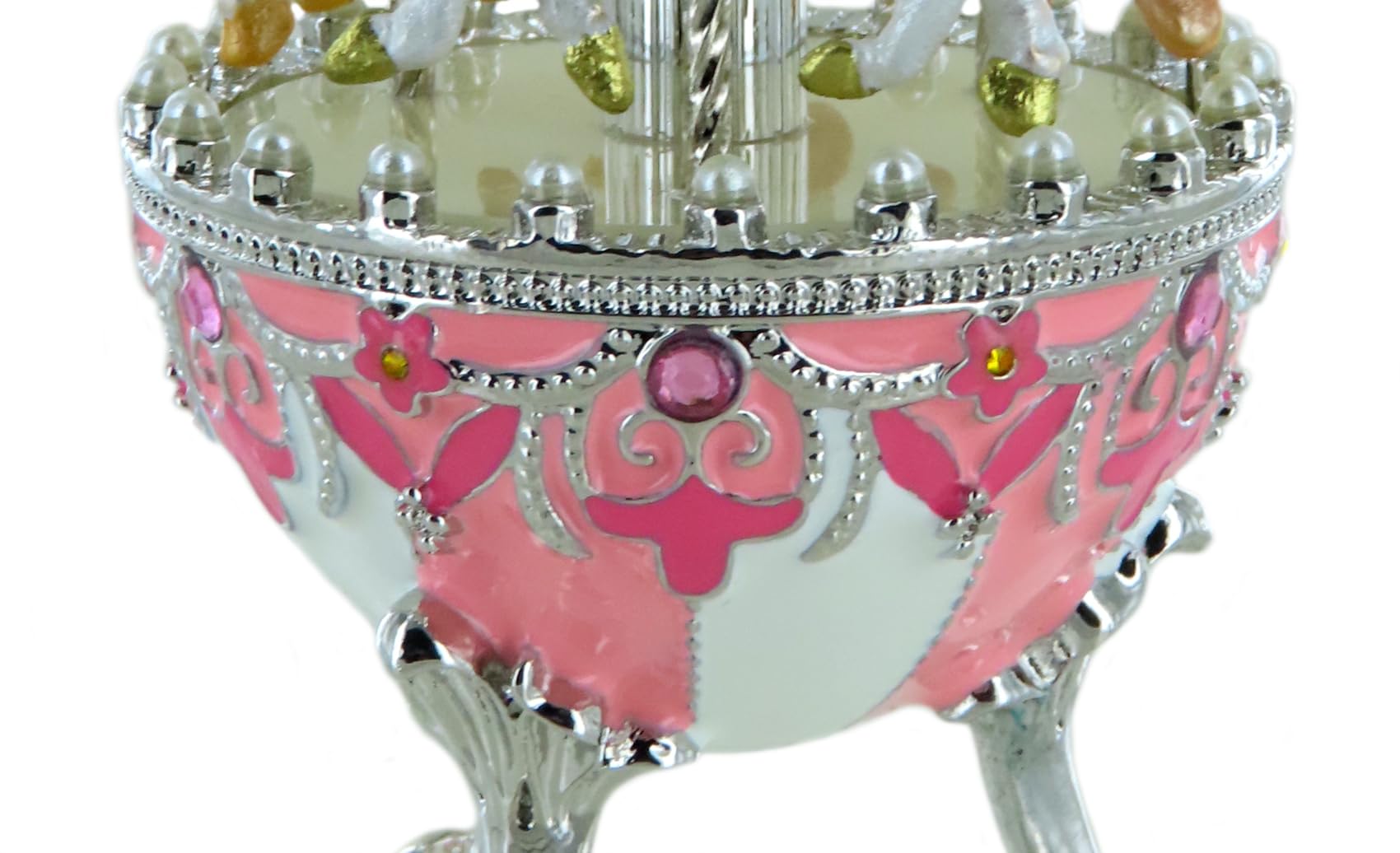 Carillon a forma di uovo/uovo Musicale di Metallo in Stile Fabergé per Pasqua con Cavalli di giostra, dorature, Strass e meccanismo musicale in miniatura - Il valzer di Brahms