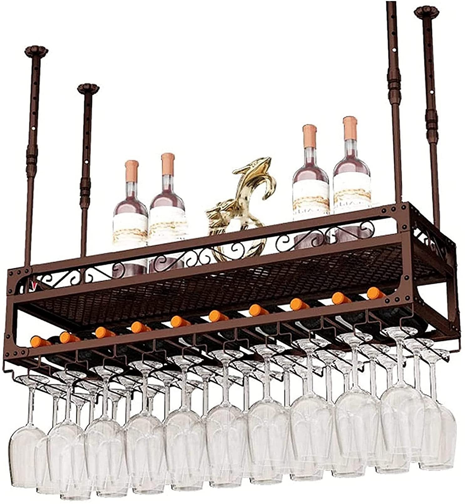 Porte-Bouteilles en Fer à 2 Couches et Casier à Vin Suspendu Noir de 80 x 30 cm