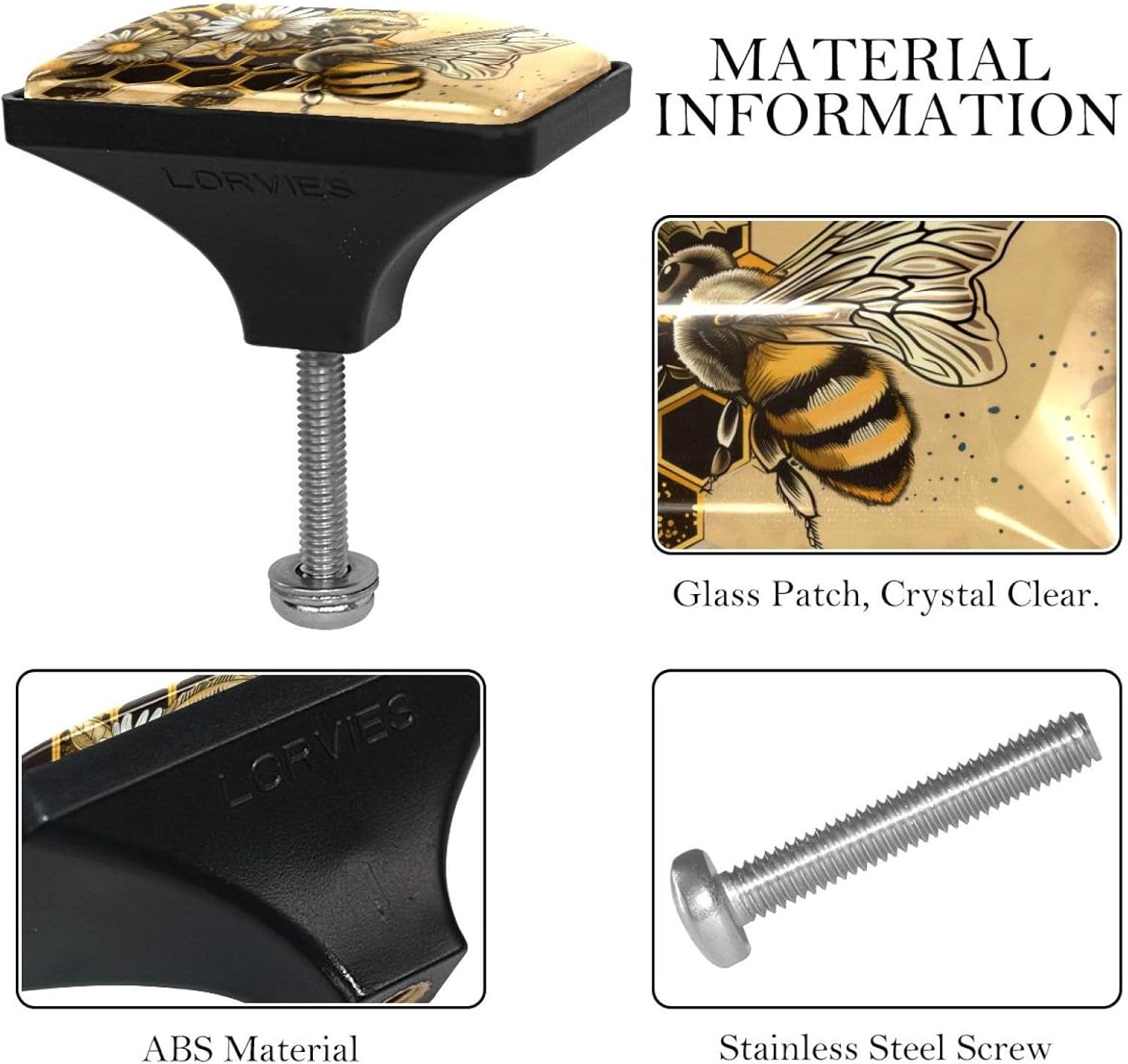 ABS Glass 4 Pack of Rectangle Kitchen Cabinet Knobs, Retro Honey Bee Daisy Drawer and Dresser Knob, Handle Pulls for Cabinet Doors
