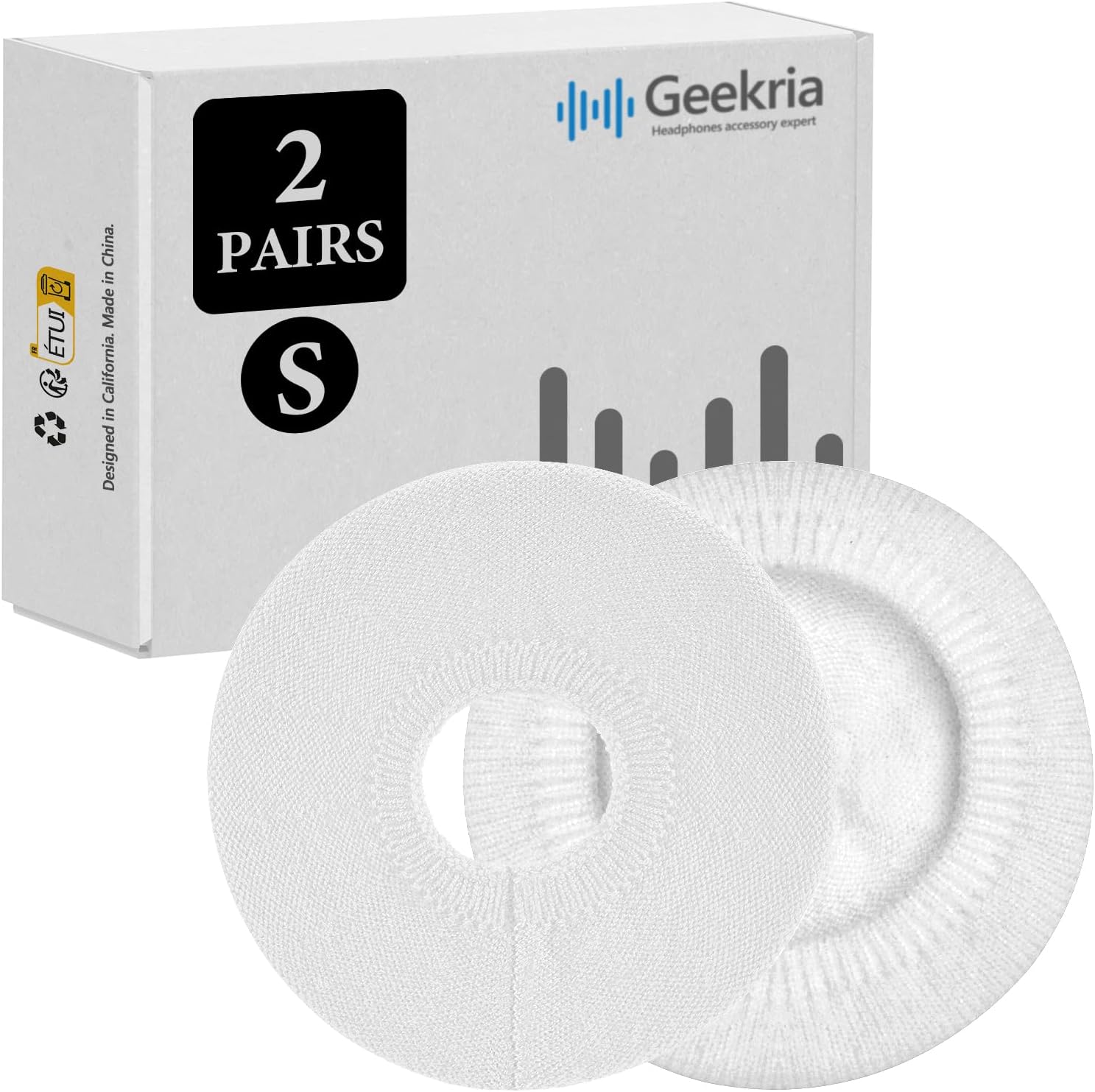Geekria 2 Pairs Knit Headphones Ear Covers - Product Safety Certified - Washable & Stretchable Sanitary Earcup Protectors for On-Ear Headsets, Sweat Pads for Gym, Meeting (Size S/White)