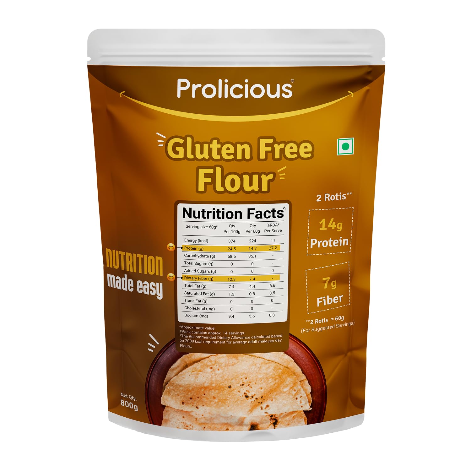 Prolicious Gluten-Free Flour - High Protein, High Fiber, Easy to Digest | Natural & Healthy Choice | 800 Grams