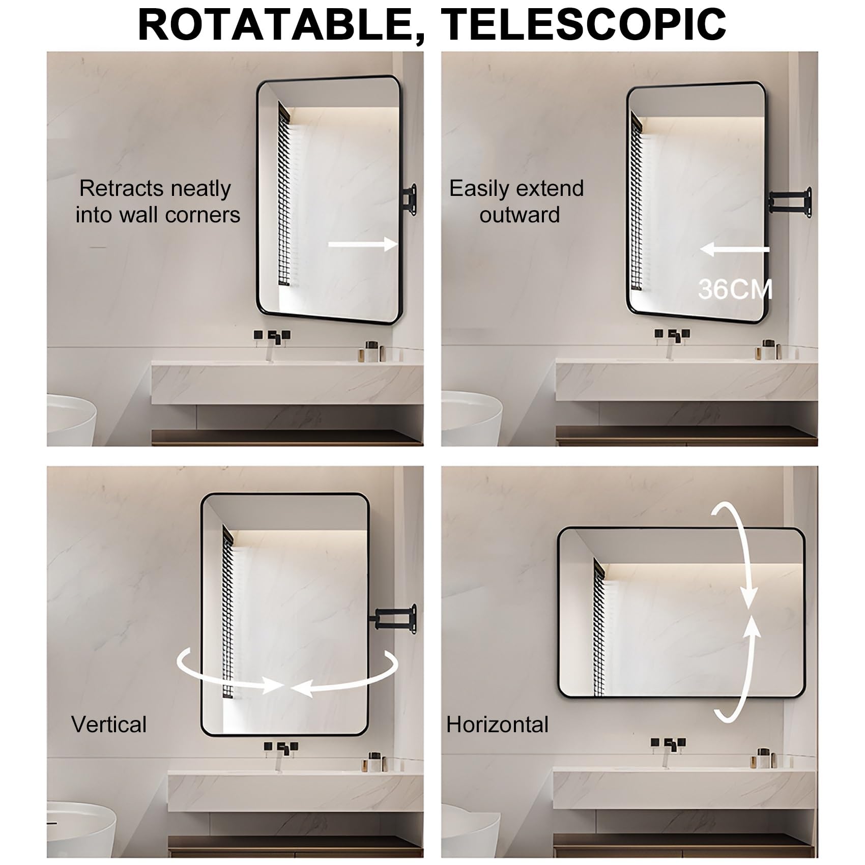 Specchio Bagno Orientabile con Braccio Estensibile 36cm, Specchio Parete