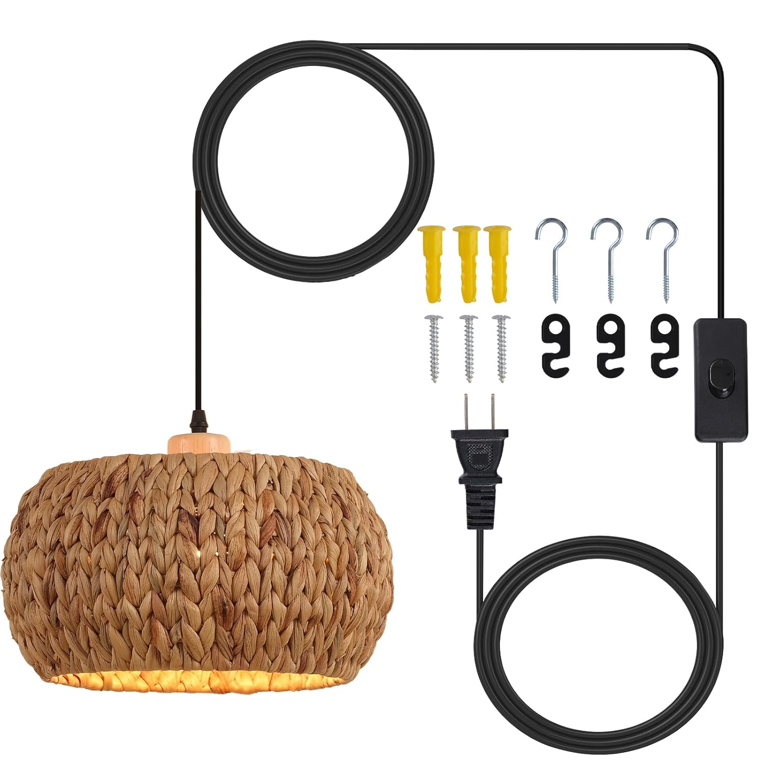 Bohemian 3-Piece Plug-in Lighting Set: 12" Rattan Pendant, Wall Sconce & Flush Mount – Plug & Switch, No Wiring, for Living Room, Bedroom & More