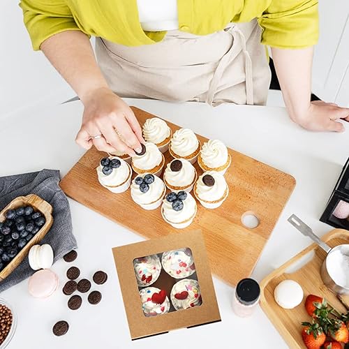 Miniatura 4 de Juego de 30 cajas para cupcakes a granel con ventana transparente para 4 cupcakes estándar, contenedor desechable de papel kraft de grado