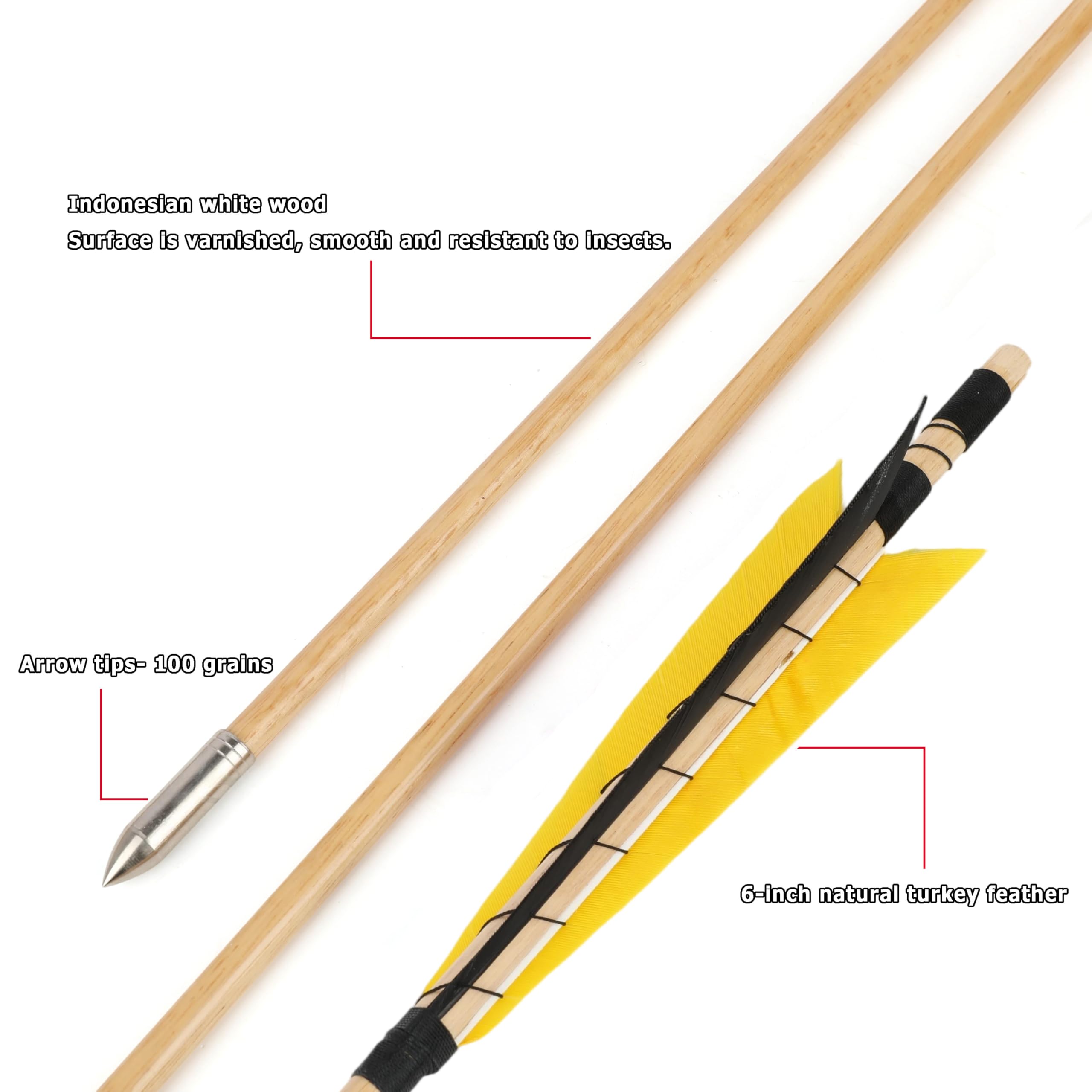 31" Frecce in Legno,realizzate a Mano in Modo Tradizionale con Piuma di Tacchino da 5”,Asta in Legno da OD 8mm,frecce da Caccia per Arco Lungo/ricurvo