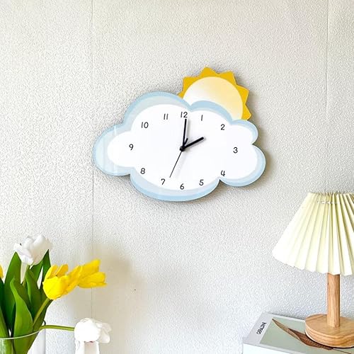Miniatura 7 de Reloj de pared decorativo de dibujos animados 3D con sol y nube, lindo reloj colgante silencioso creativo moderno con batería para sala de juegos,