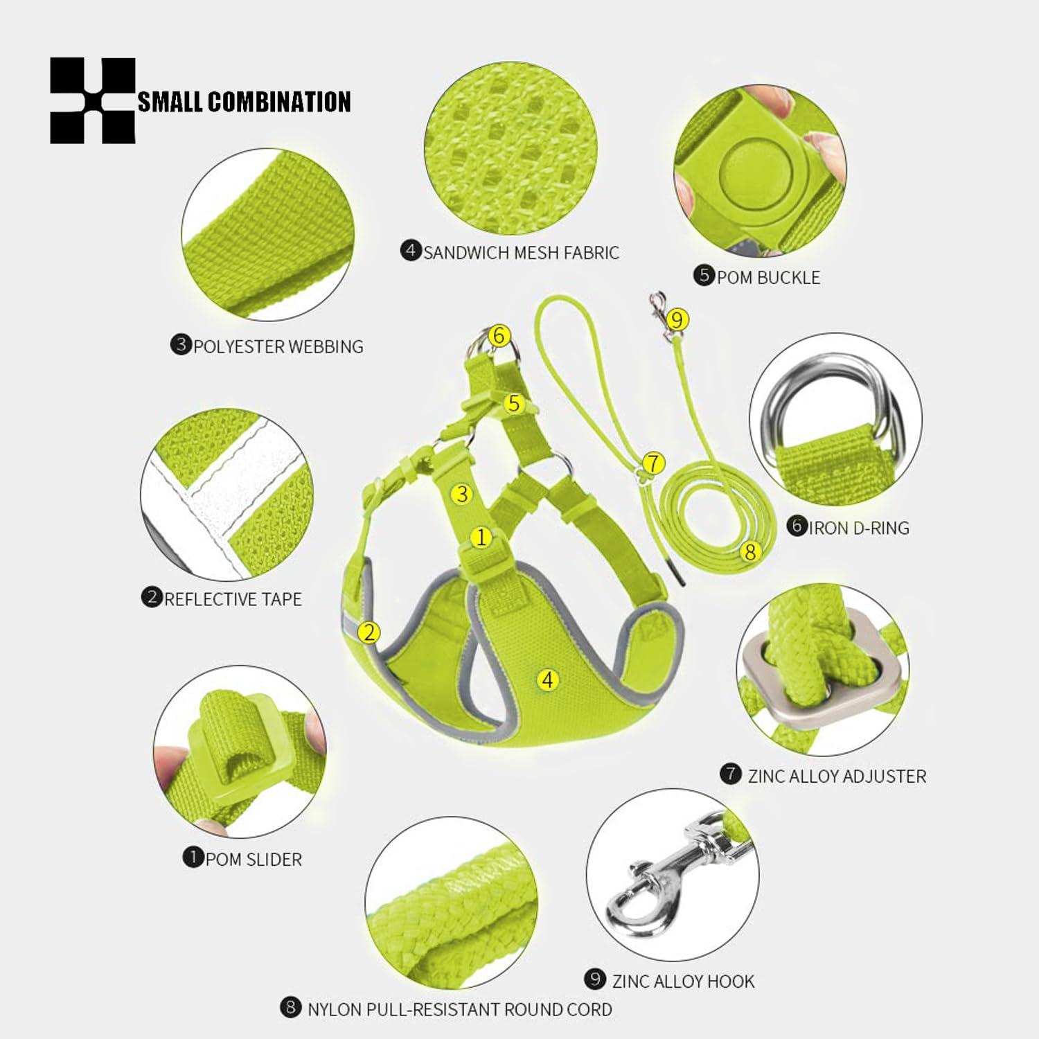 SMALL COMBINATION Nylon Dog Harness, Reflective Strips, Adjustable Straps, Bright Green, with Matching Lead (Lemon Yellow, XXXS) - Image 3
