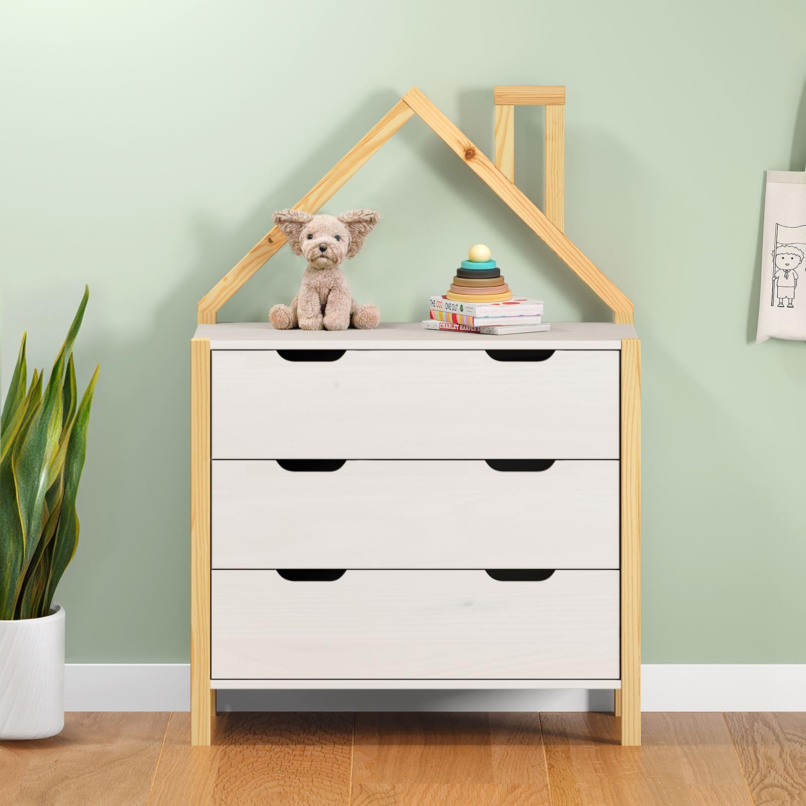 IDIMEX Cassettiera ELANO a forma di casa – bianco in legno di pino massiccio, 3 cassetti grandi, per cameretta dei bambini, armadio, cassettiera