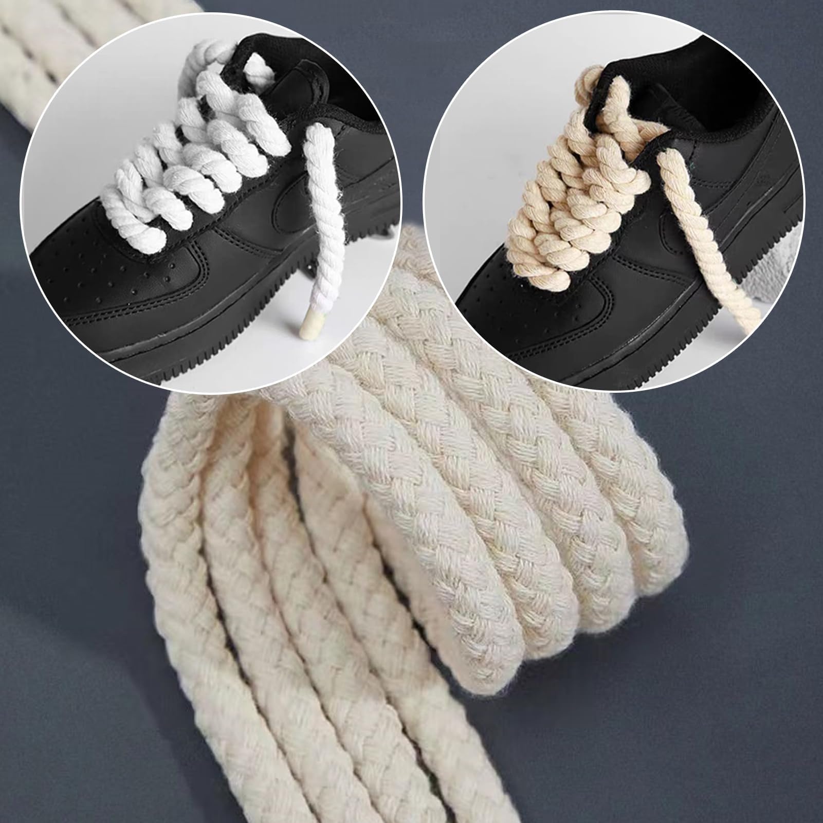 Rope Laces, 2 pary szerokich, okrągłych sznurowadeł sznurowanych do butów sportowych - 2 pary wysokiej jakości okrągłych sznurowadeł z bawełny - biały i beżowy - 160 cm, biały beżowy, 150
