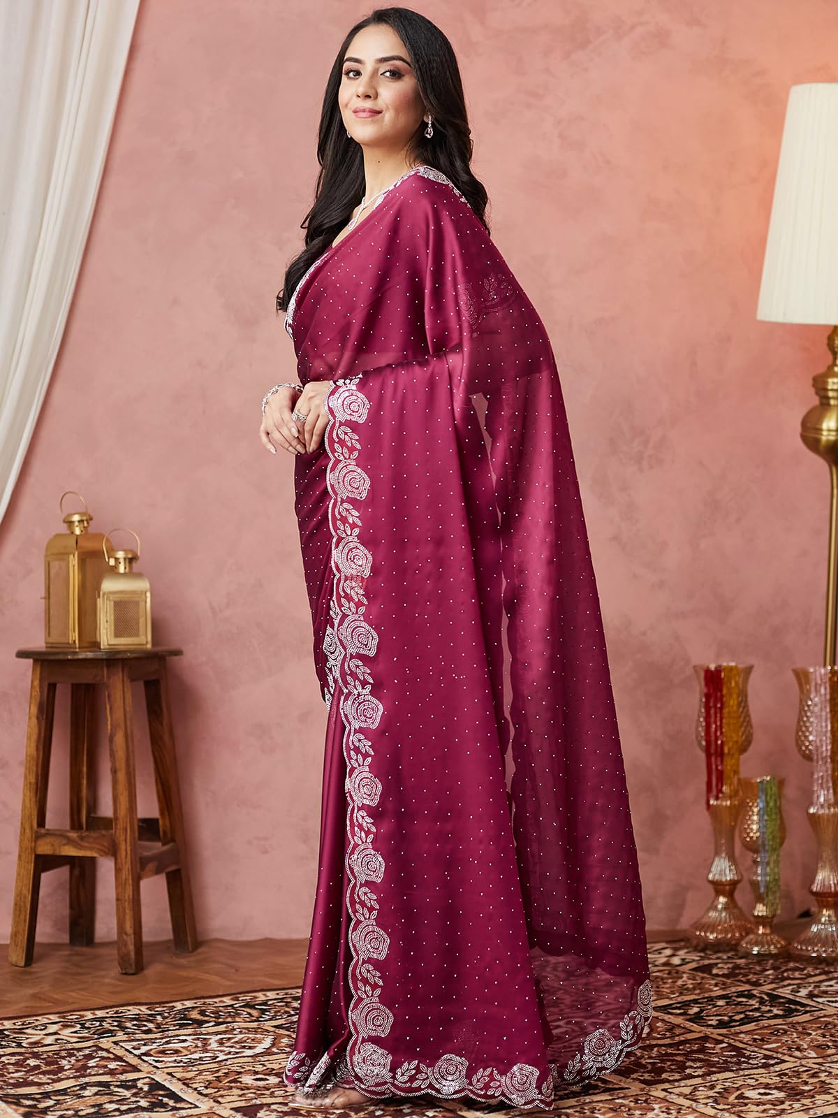 Satrani Women's Georgette Stone Work Saree With Unstitched Blouse Piece (4063S6384N_Wine)