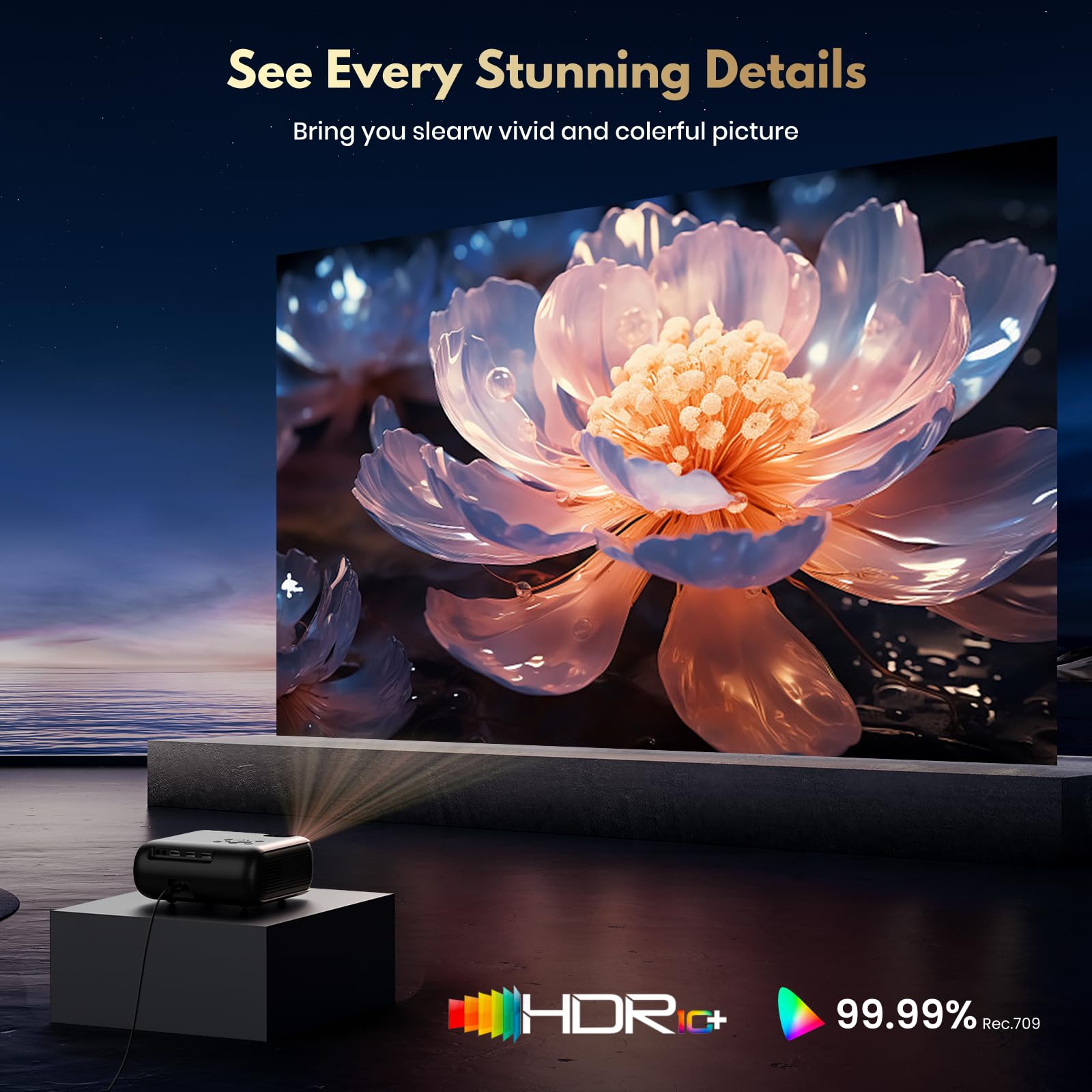 Mini proiettore con WiFi e Bluetooth, 1080p nativo, supporto 4K, altoparlante Premium, Smart Android TV OS, WiFi 6, Bluetooth 5.2 e correzione trapezoidale automatica, nero