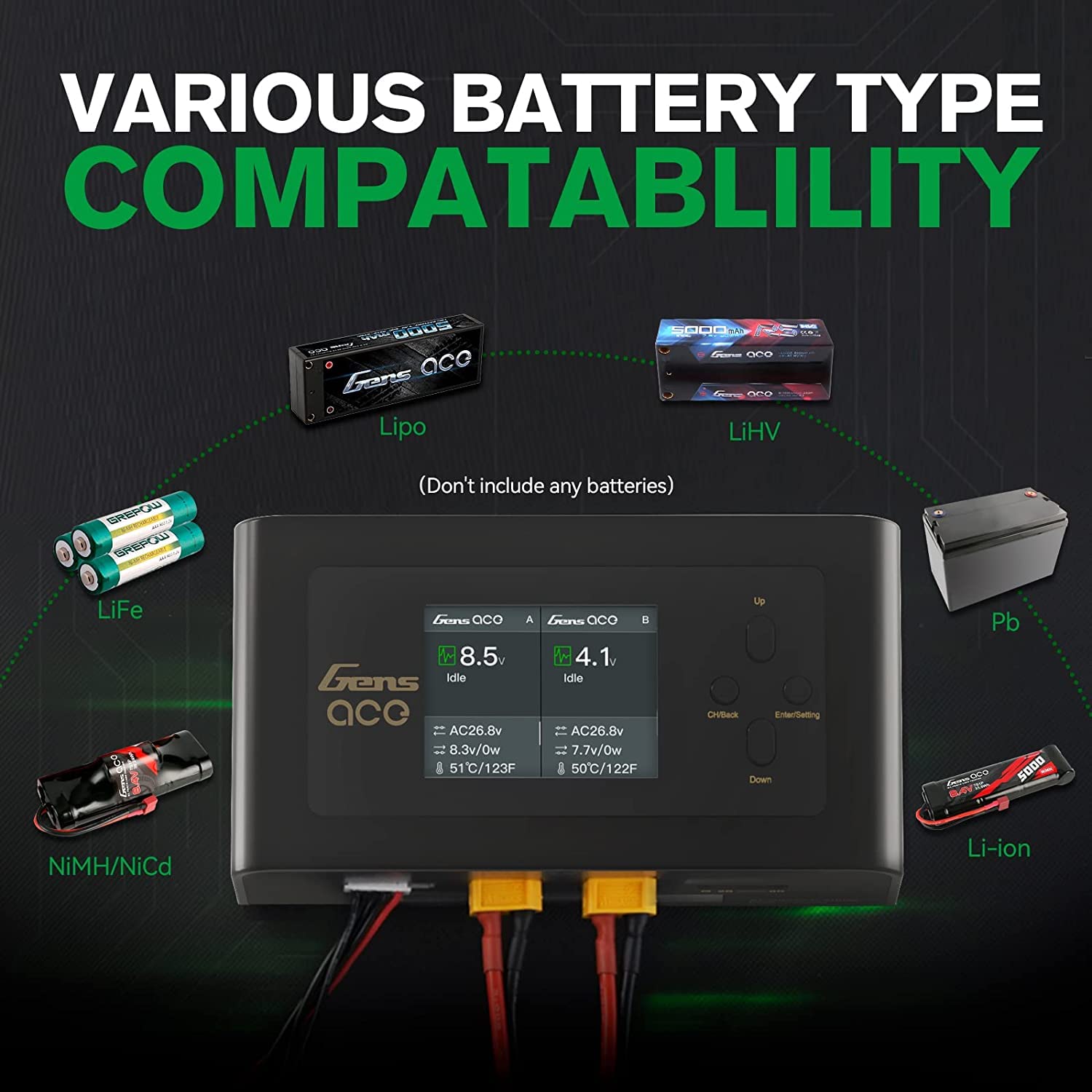 Gens Ace Caricabatteria Imars Dual Channel AC/DC,15A Charge Rate,100V-240V Voltage,per Ricaricare la batteria dell'auto FPV Drone RC (Nero)