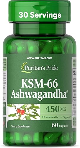 Puritan's Pride KSM-66 Ashwagandha 450 mg, suplemento dietético altamente concentrado para aliviar el estrés, mejorar el estado de ánimo y apoyar la