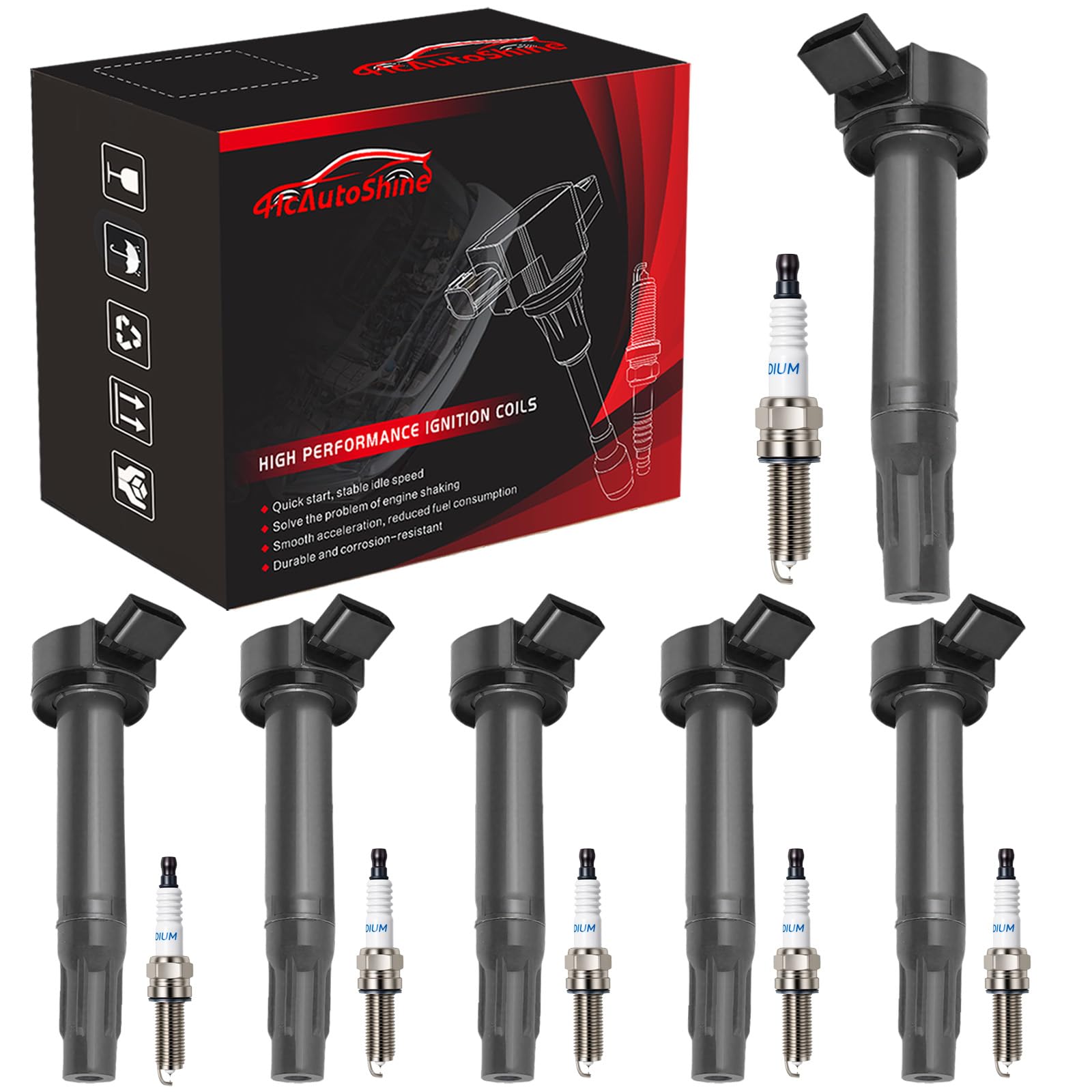 HcAutoShine Ignition Coil Pack UF487 & Double Iridium Spark Plugs 6619 Compatible with 2007-2015 Toyota Sienna Avalon Camry Highlander Rav4 Venza
