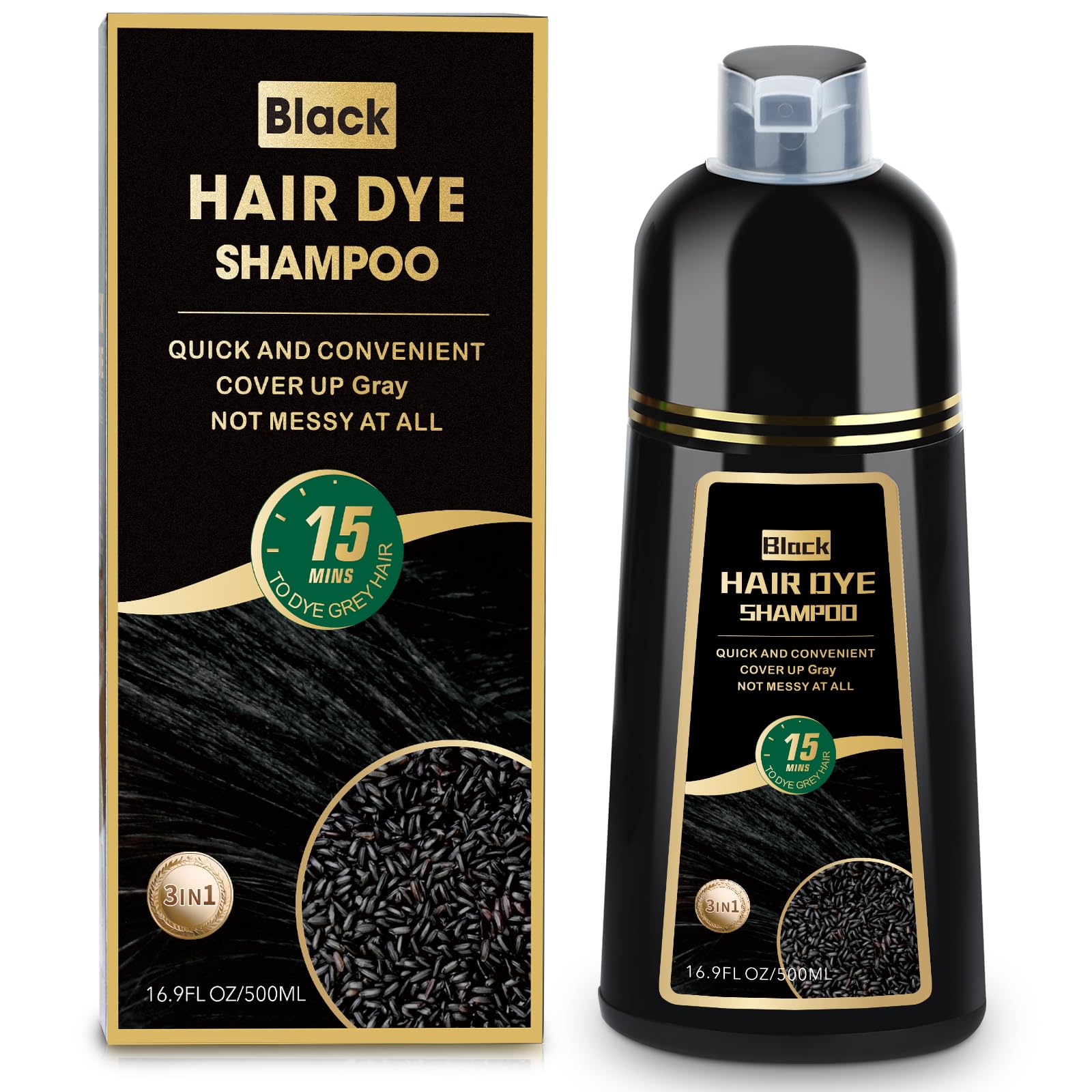 black hair dye shampoo, 3 in 1 color shampoo hair dye, grey coverage shampoo for women men 500ml