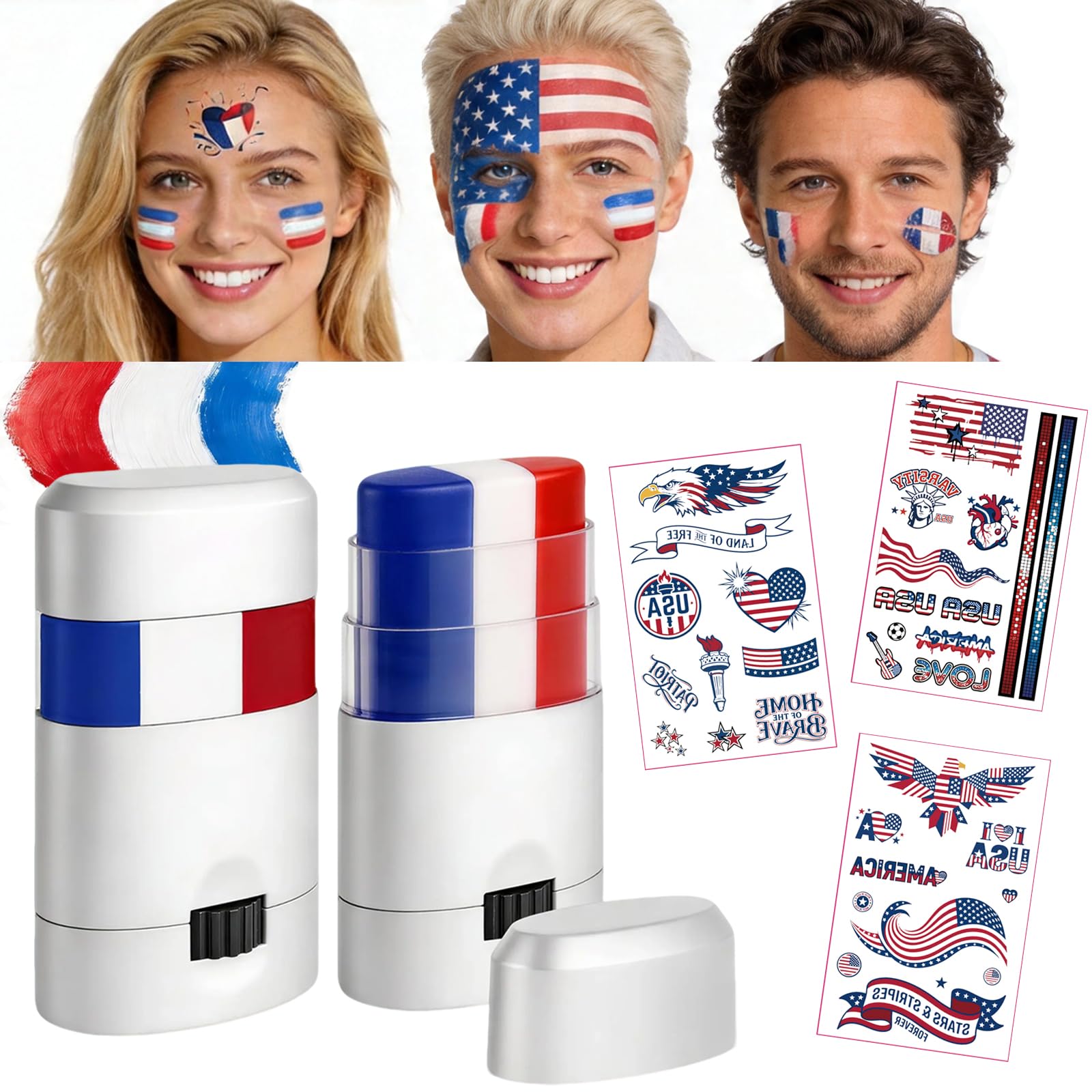 Photo 1 of Tizoerly Red White Blue Face Paint Sticks with Tattoos