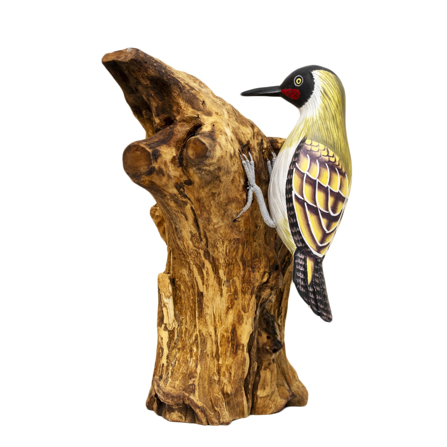 Darthome Green Hand Carved Teak Root Woodpecker Sculpture, Hand Painted Rustic Bird Ornament On Natural Wood Base