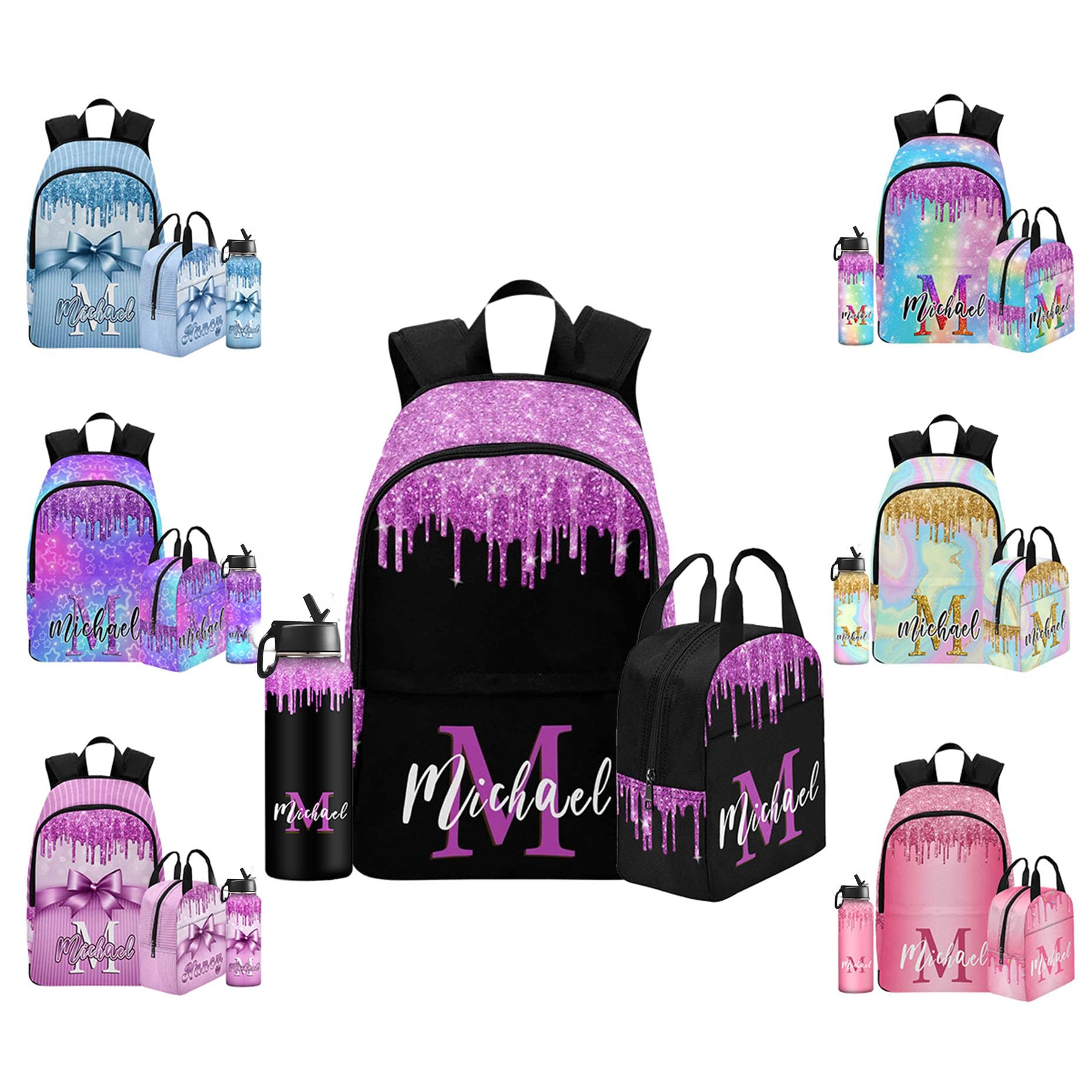 Enjoyyjl Personalized Name School Bag for Daughter Granddaughter 3 in 1 Bookbags Set Schoolbag Daypack Bag for Travel Back to School, Custom Backpack