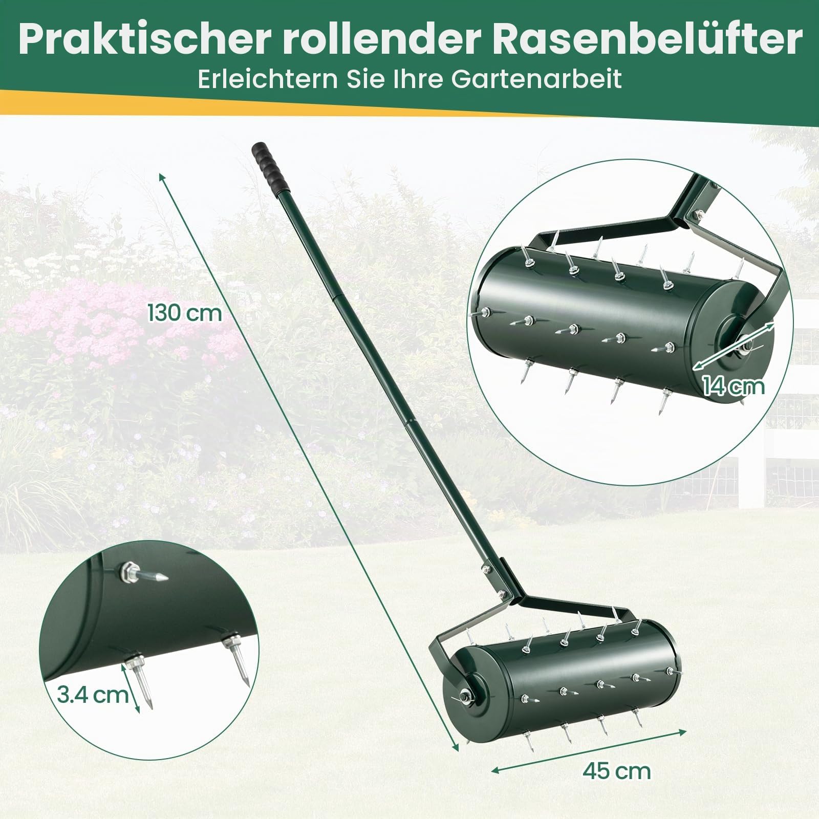 GOPLUS Rasenlüfter Walze, Rasenbelüfter mit Stiel & 3,4cm Nägeln, Handvertikutierer, rollender Aerifizierer, manueller Vertikutierer, Bodenbelüfter für Garten, Hof & Rasen (45 x 130 cm,Grün)
