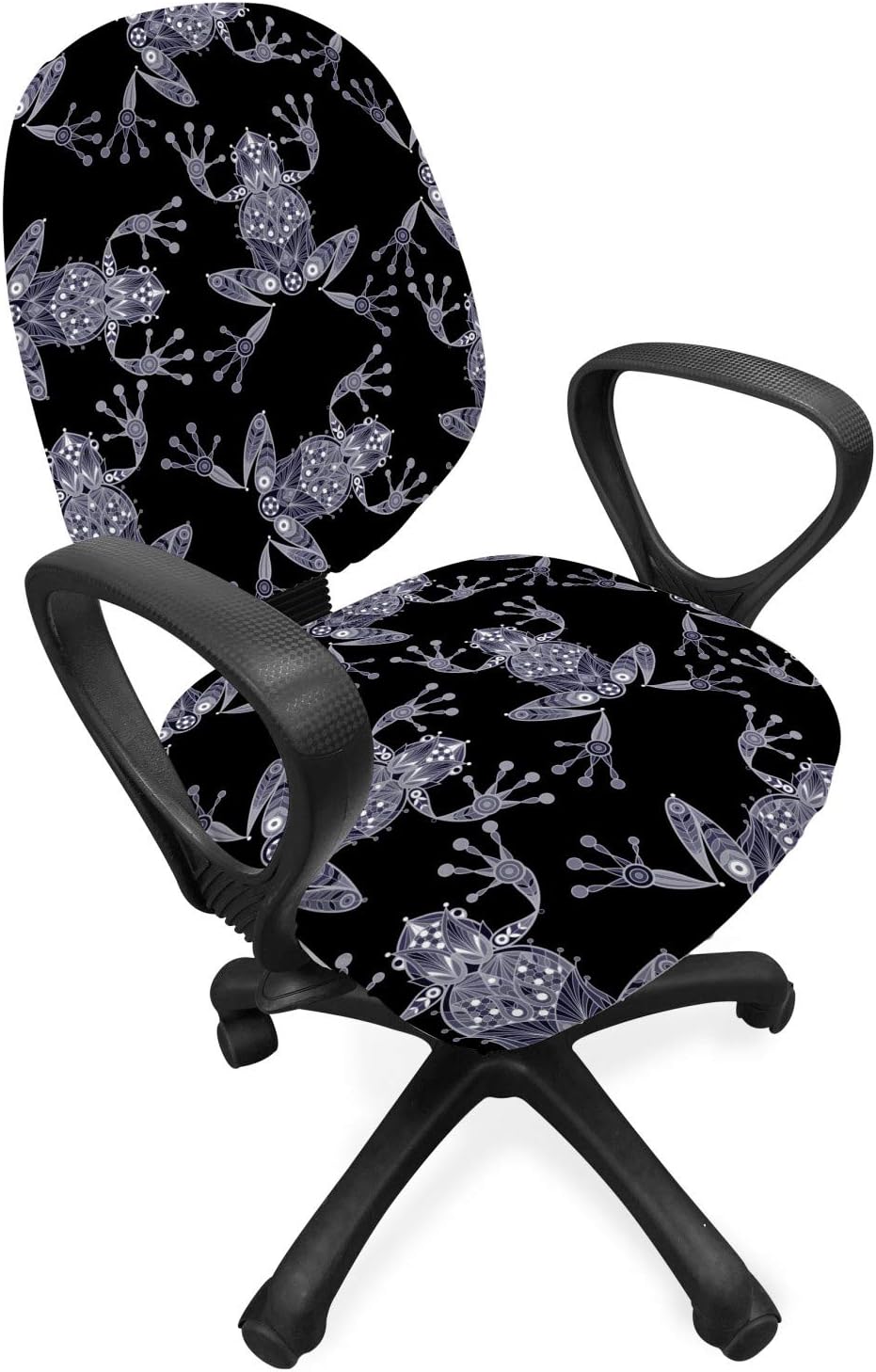 Lunarable Frog Office Chair Slipcover, Repetitive Pond Animal Ornamented with Geometric Shapes on Dark Backdrop, Protective Stretch Decorative Fabric Cover, Charcoal Grey Purpleblue
