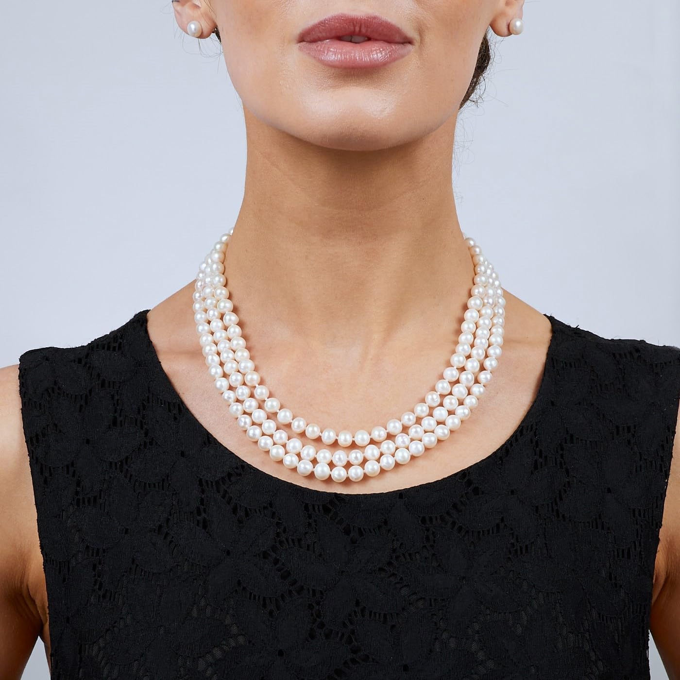 Womens White Pearl Necklace | Elegant And Classic AA Grade 7mm White Freshwater Pearl Necklace Three-Strand Necklace for women Girls Bridal Jewelry
