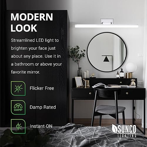 Miniatura 5 de Sunco Lighting Moderna lámpara de tocador, luces LED de barra de baño, 15 W  100 W, blanco seleccionable (3000 K4000 K5000 K), acabado cromado de
