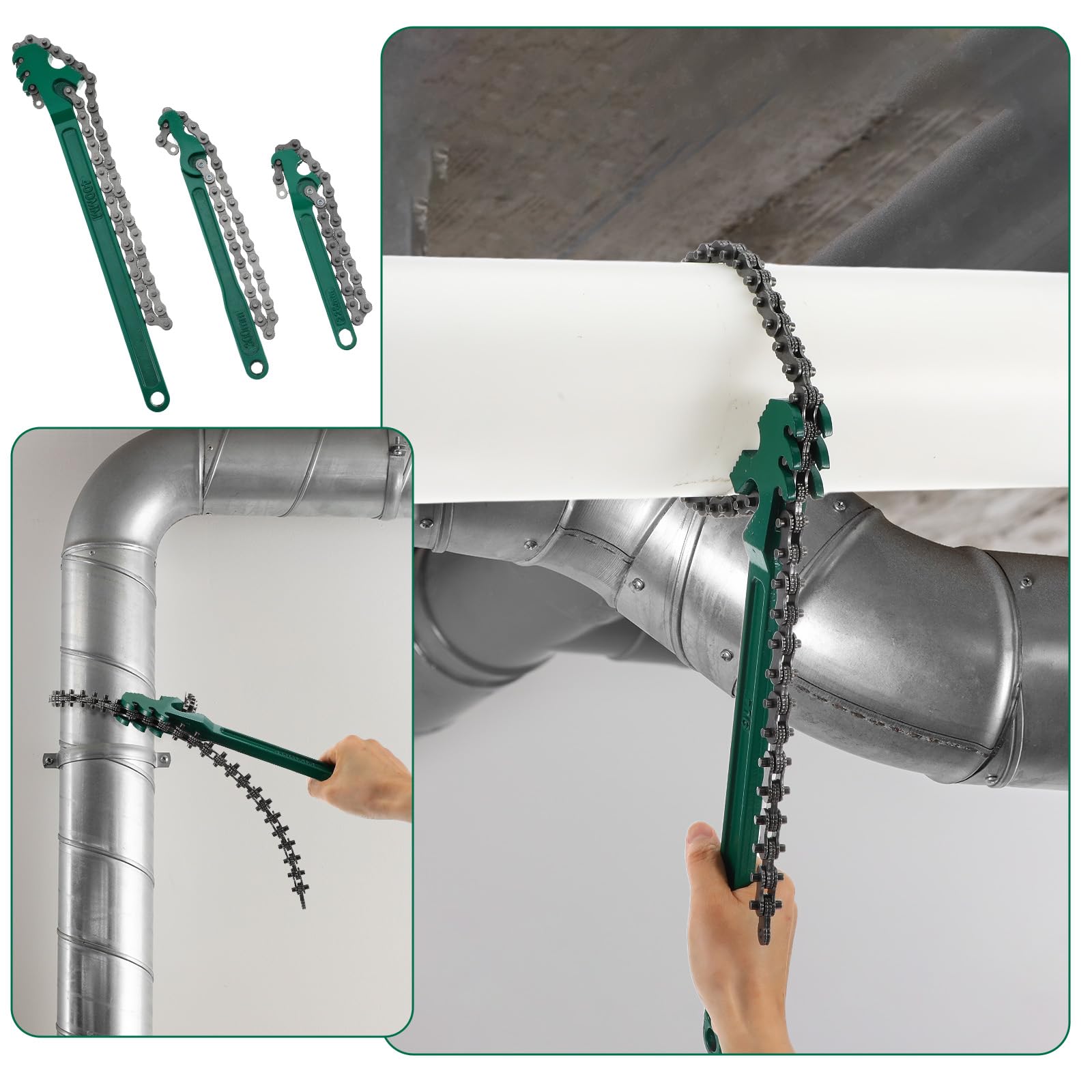Juego de 3 llaves de cadena resistentes, llave de filtro de aceite de acero ajustable de 9 pulgadas, 12 pulgadas, 16 pulgadas, para accesorios de tubería, reparación de automóviles, válvula de