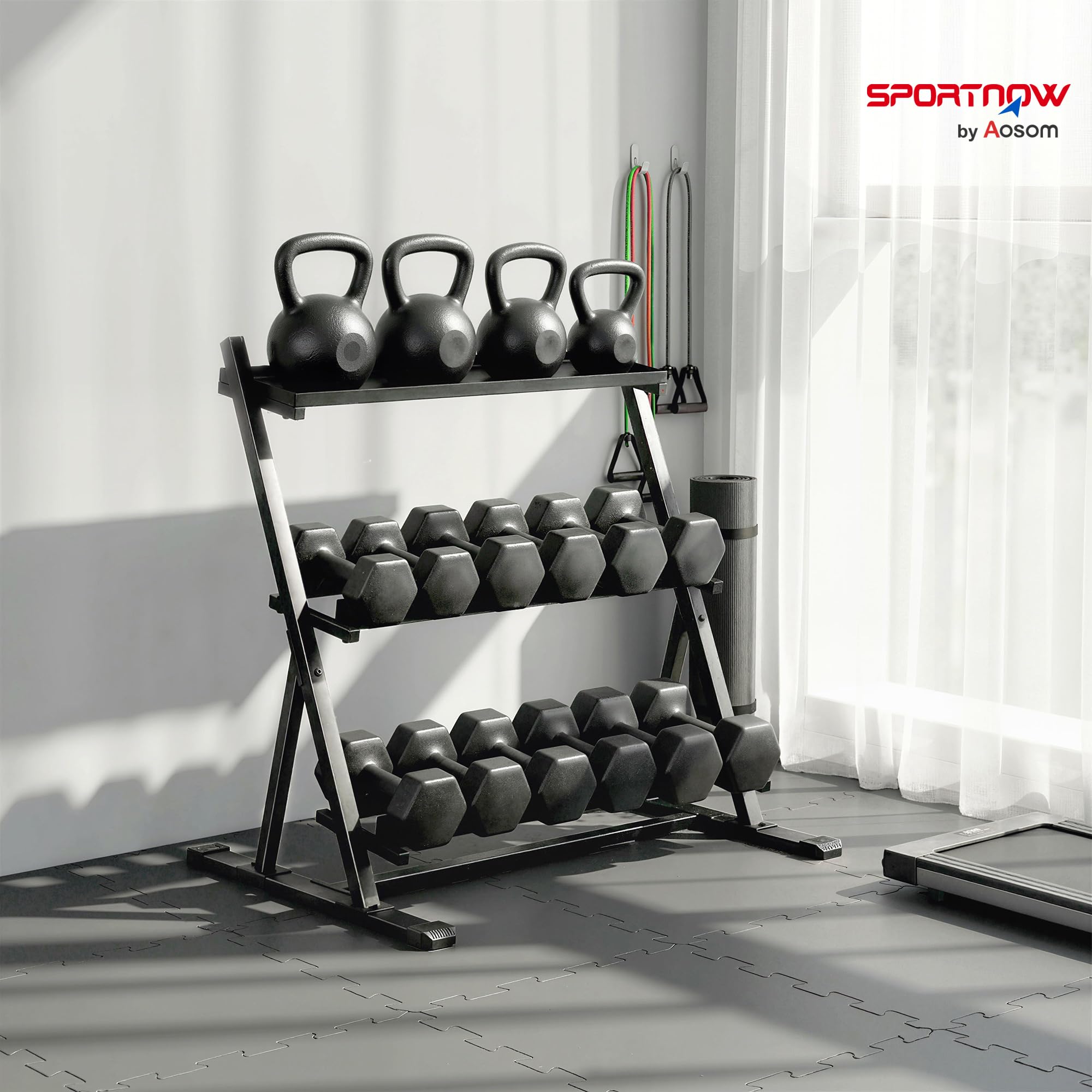 SPORTNOW Support pour Haltères 3 Niveaux Acier Robuste Capacité 200 kg Noir | Support de Poids Réglable pour Haltères, Kettlebells,Rack de Rangement Compact pour Salle de Sport à Domicile