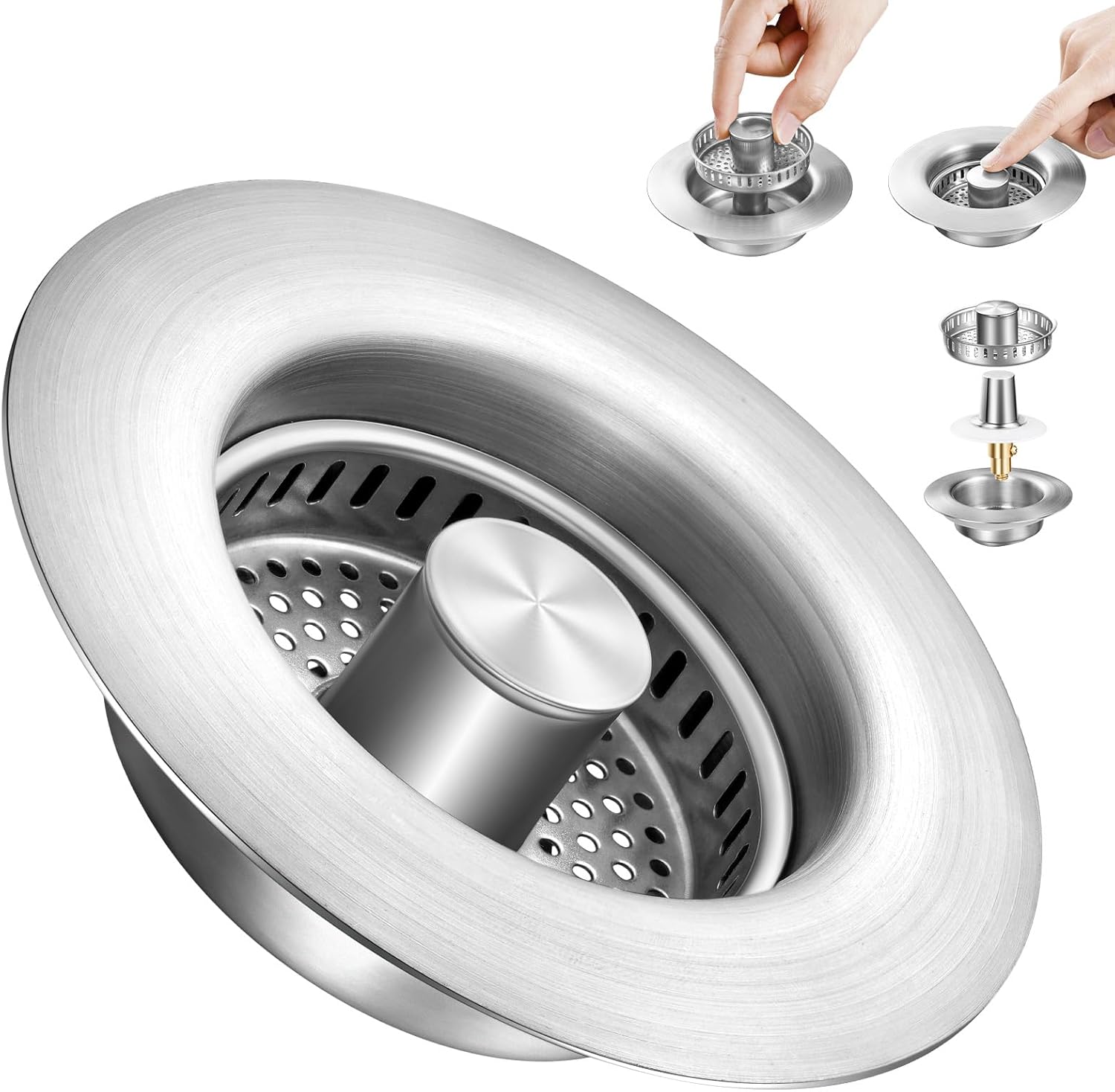 2025 Upgraded 3 in 1 Kitchen Sink Drain Strainer&Sink Stopper,Stainless Steel Pop up Sink Drain Strainer,Anti-Clogging Basket Strainer,High Durability with Brass Core,Fit 3-1/2",Chrome product image