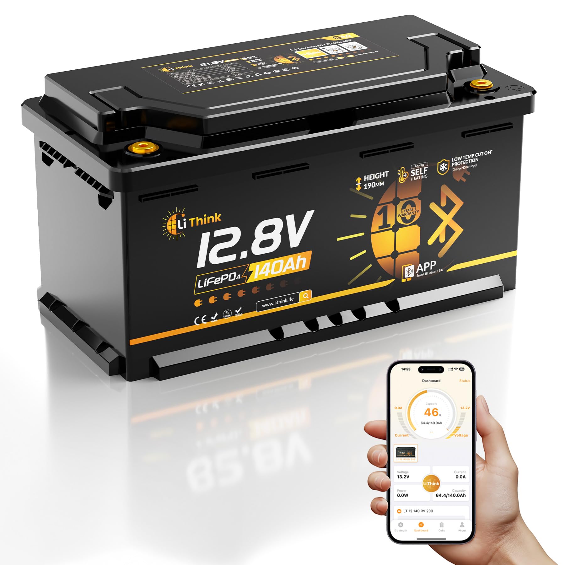 Li Think LiFePO4 12V 140Ah H190 Lithium Batterie Bluetooth mit 200A BMS LTP&Heizfunktion DIN H8 L5 Größe, 1792Wh Lithium Batterie Autobatterie für Wohnmobil,Wohnwagen,Boot CB/IEC 62619 ECE R10