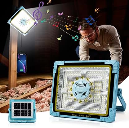 Nurluce Solar Work Lights with Bluetooth Speaker 4 Lighting Modes 10000 Lumen LED 12000mAh IP66 Rechargeable Solar Outdoor Job Site Lighting Power Outages for Car Repairing Camping