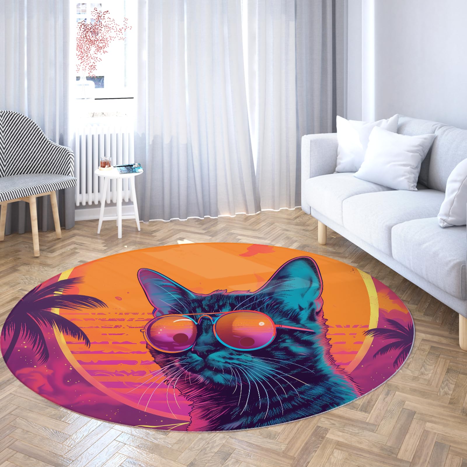 Tapis tropical palm orange chat rond pour décorer le salon et l'entrée