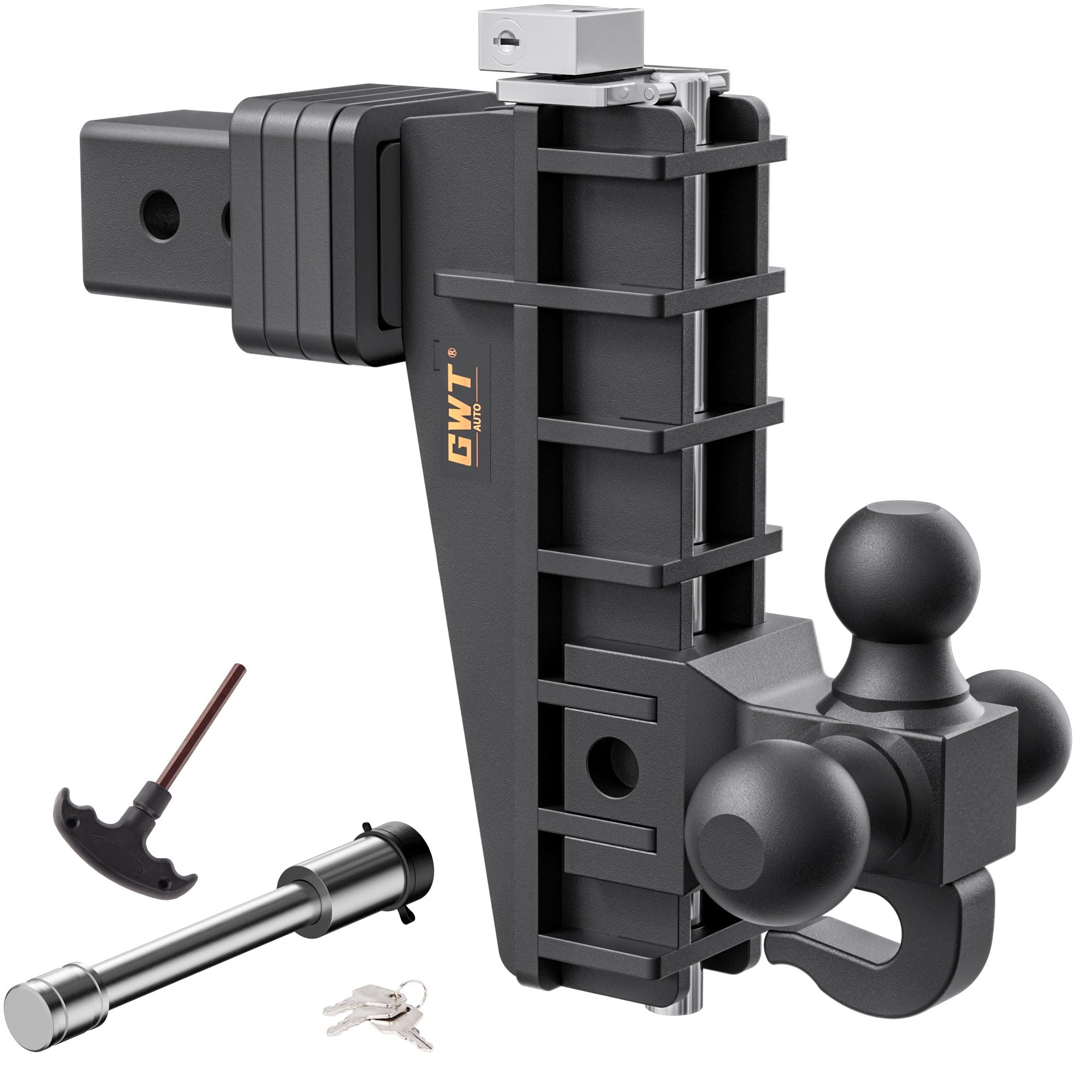 Adjustable Trailer Hitch with Hook, Tri-Ball (1-7/8" x 2" x 2-5/16") Drop Hitch, Fits 2.5-Inch Receiver, 8 Inch Drop Hitch, 18500 LBS GTW-Class 3 Tow Hitch for Heavy Duty Truck, Black, Solid