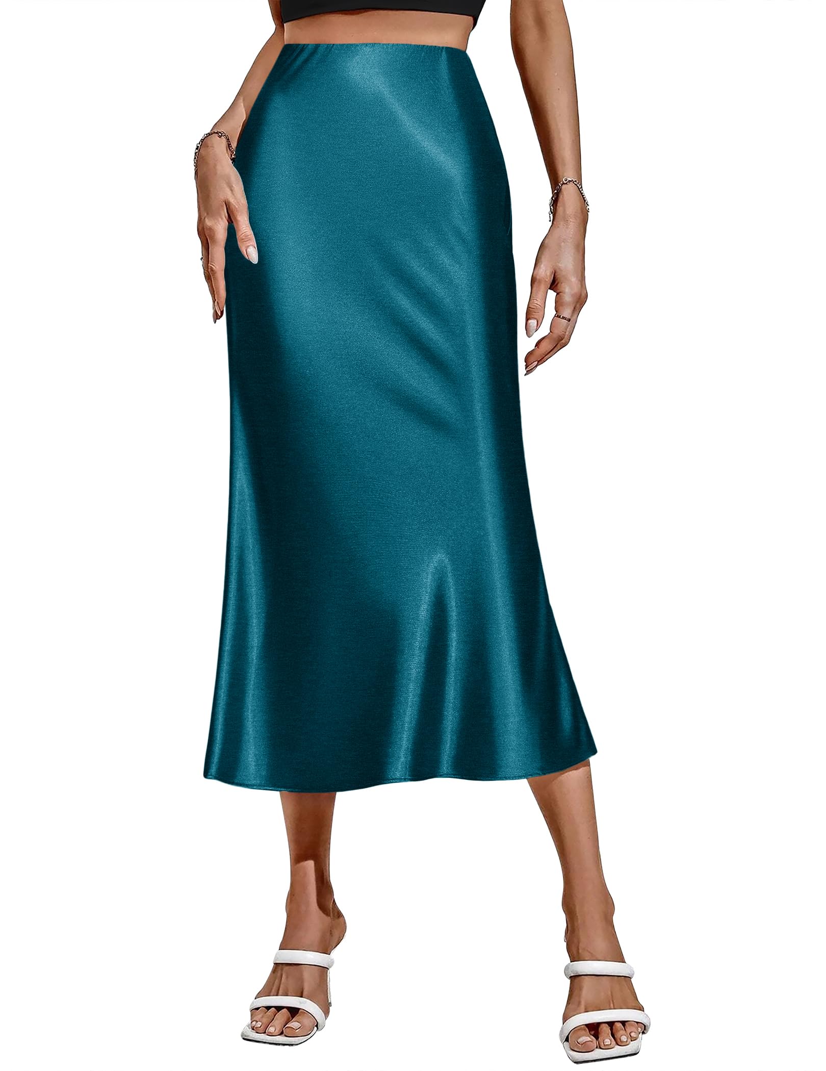 Zeagoo Gonne da donna in raso casual in seta gonna midi a vita alta gonne lunghe con cerniera elegante gonne da lavoro