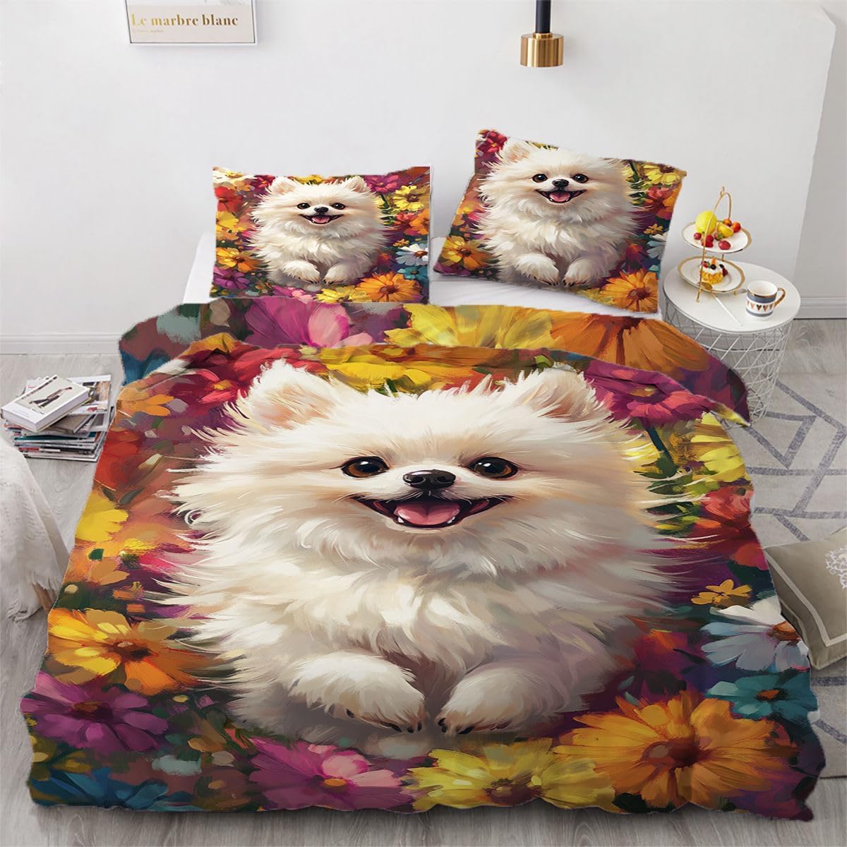 NDXRWDZR Super King Size Duvet Set Pomeranian Duvet Cover with Zipper Closure Bedding for Aldults Kids Soft Breathable Microfiber Cover 260x220 cm + 2 Pillowcases 50x75 cm