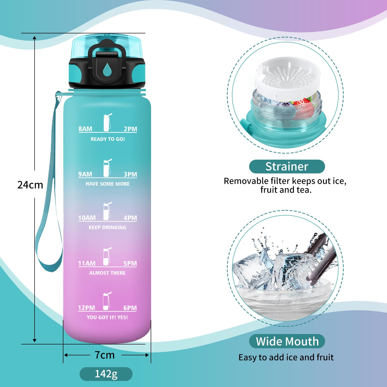 Borraccia 500ml, Borraccia con Indicatore del Tempo Motivazionale, Bottiglia con Filtro, Borraccia Bambini, a Prova di Perdite, Borracce per Bambini, Sport, Palestra, Scuola, Gym, Ufficio, Yoga