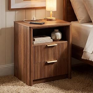 LYNCOHOME 19.7" Night Stand with Charging Station, 2 Drawer Nightstand with Curved Edge Design, Fluted Large Wooden Bedside Table for Bedroom, Walnut