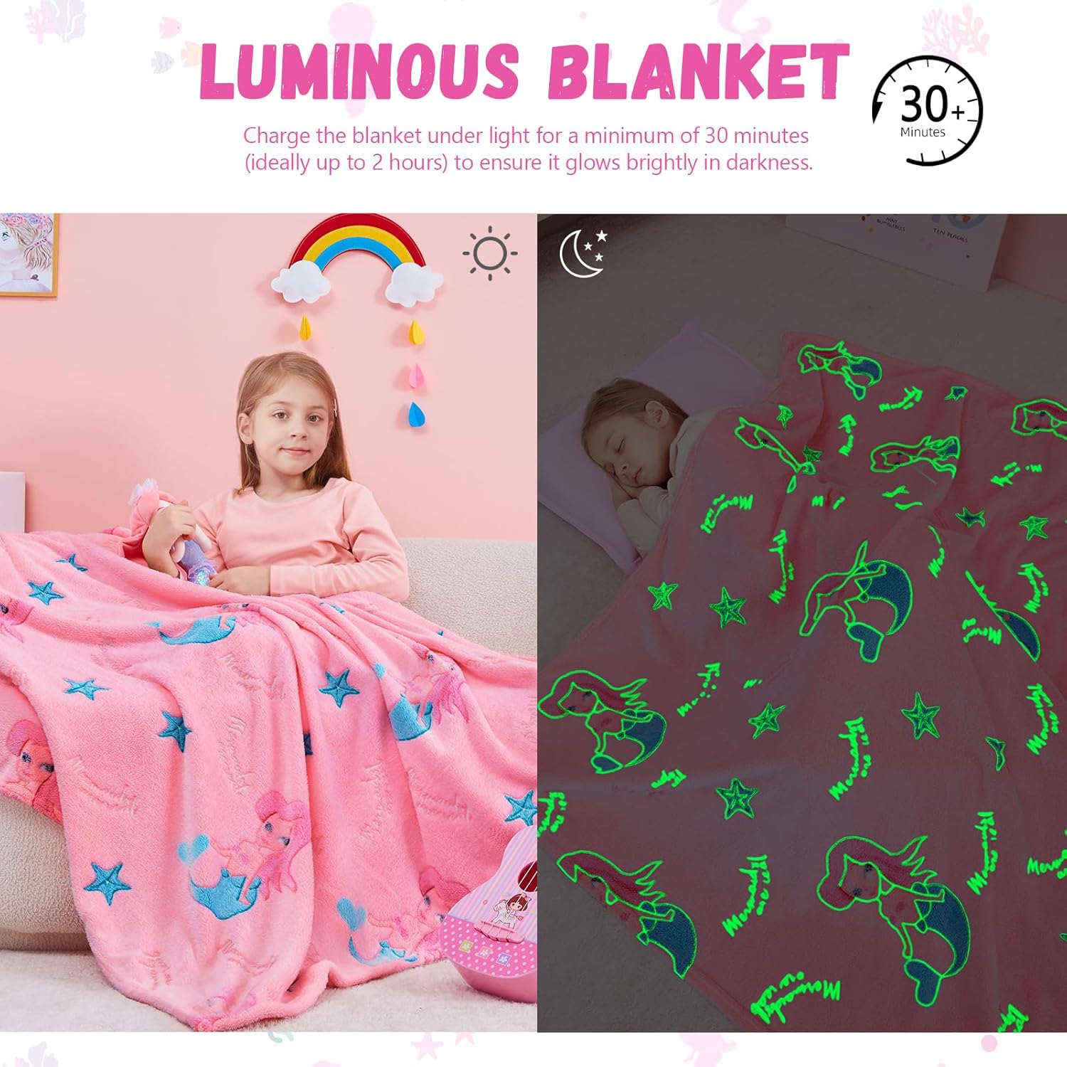 Mermaid Valentines Day Gifts for Girls,Mermaid Gifts Toys for Girls, Glow in The Dark Blanket Decor for Kids Age 3-14 Year Old Teen Child Toddler Luminous Bedroom Throw Blanket 50"x60" - Image 4
