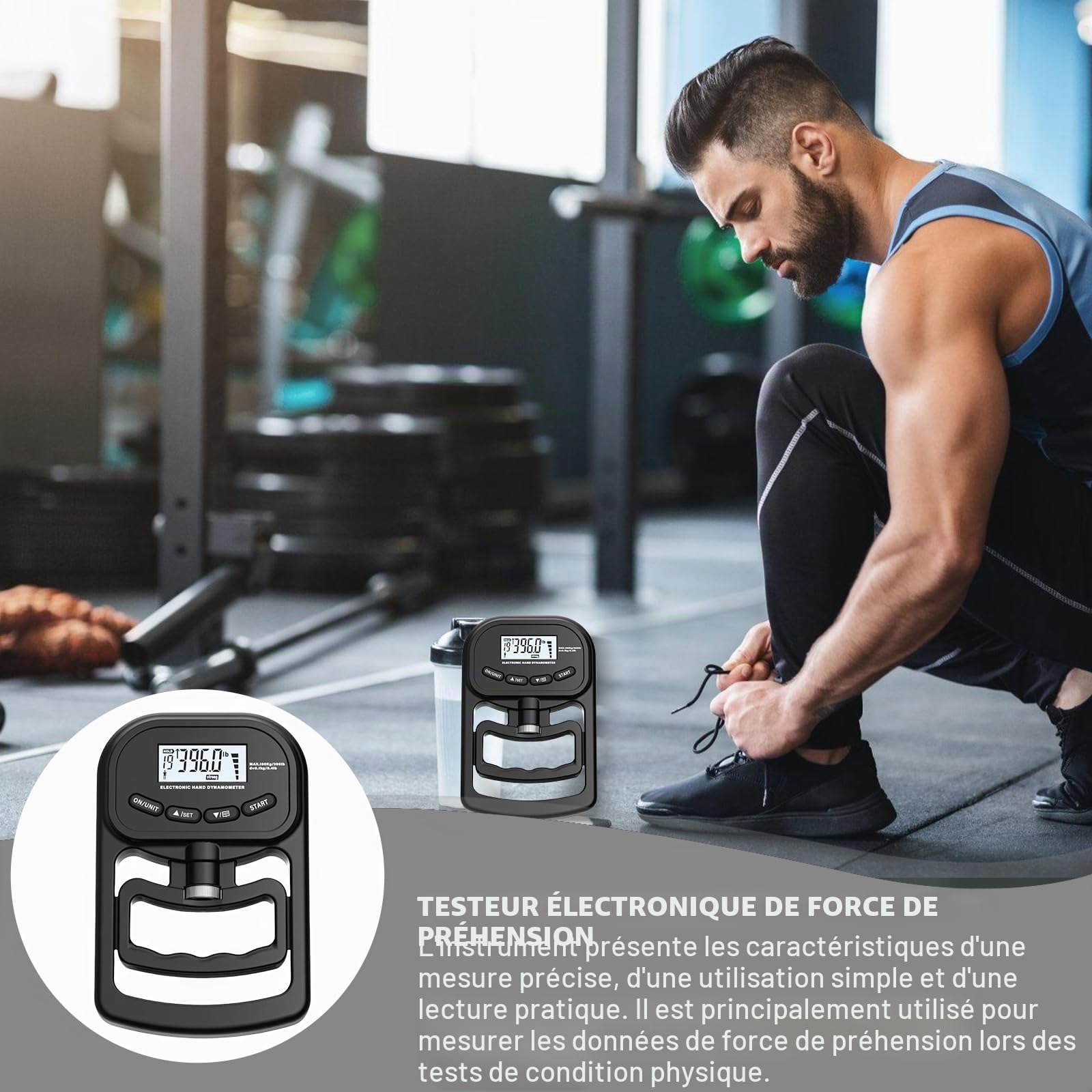 Appareil de musculation numérique à main, 180 kg, dynamomètre, avec câble de charge USB, appareil de force de préhension électronique, grand écran LED