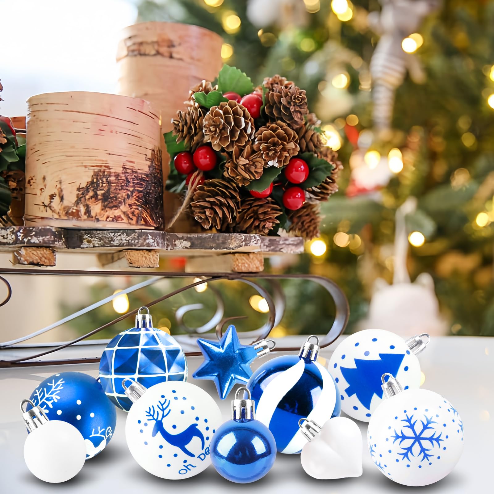 Aitsite 38 Pezzi Palline di Natale Blu e Bianco, 6CM /3CM Palline Albero di Natale Decorazioni Natalizie per Albero, Palle di Natale in Plastica, Infrangibile Appendere Addobbi Natalizi