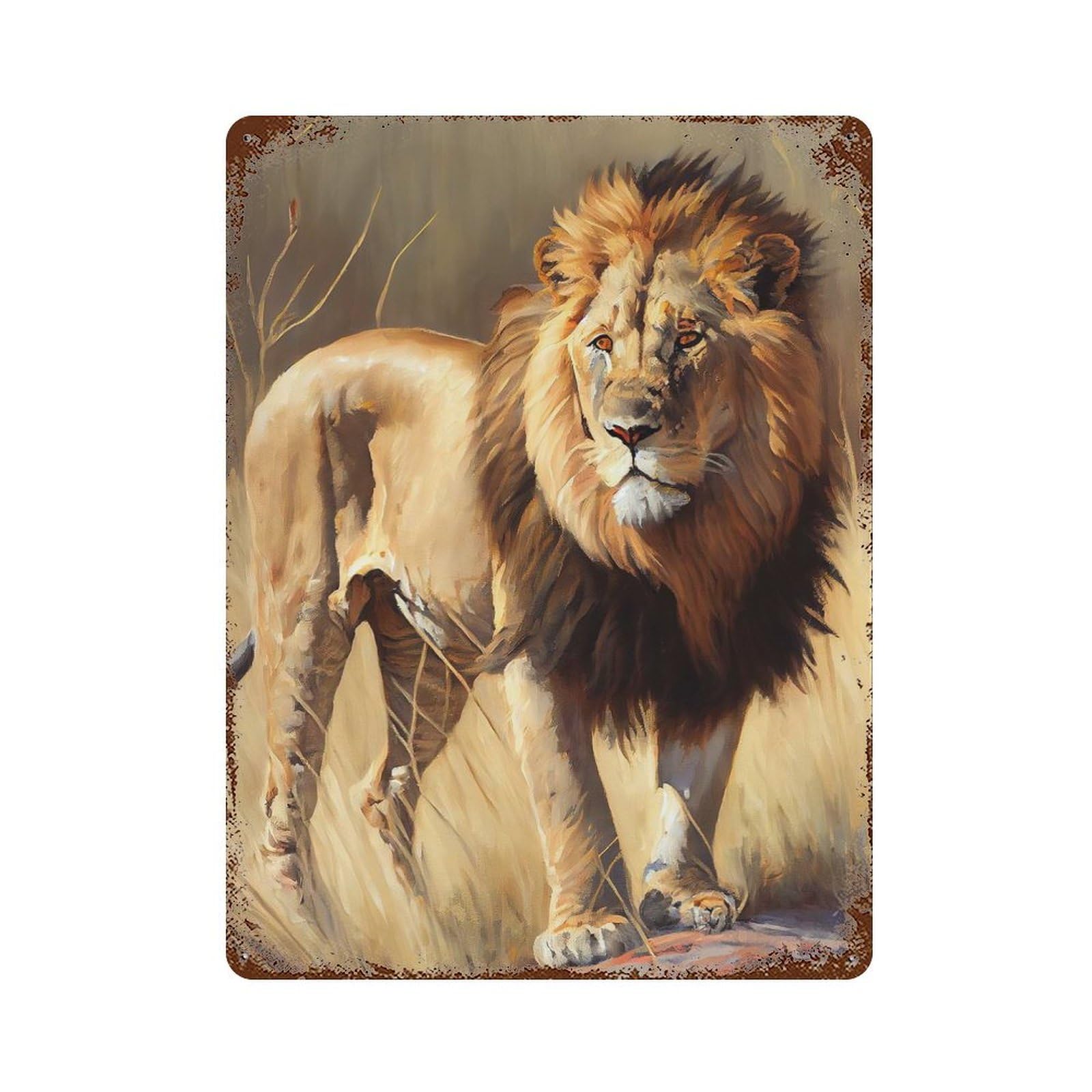 Savanna Lion Oil Paint Rust Effect Tin Sign 15.7"x11.8", Industrial Home Decor for Bistro, Counter And Cafe Decor