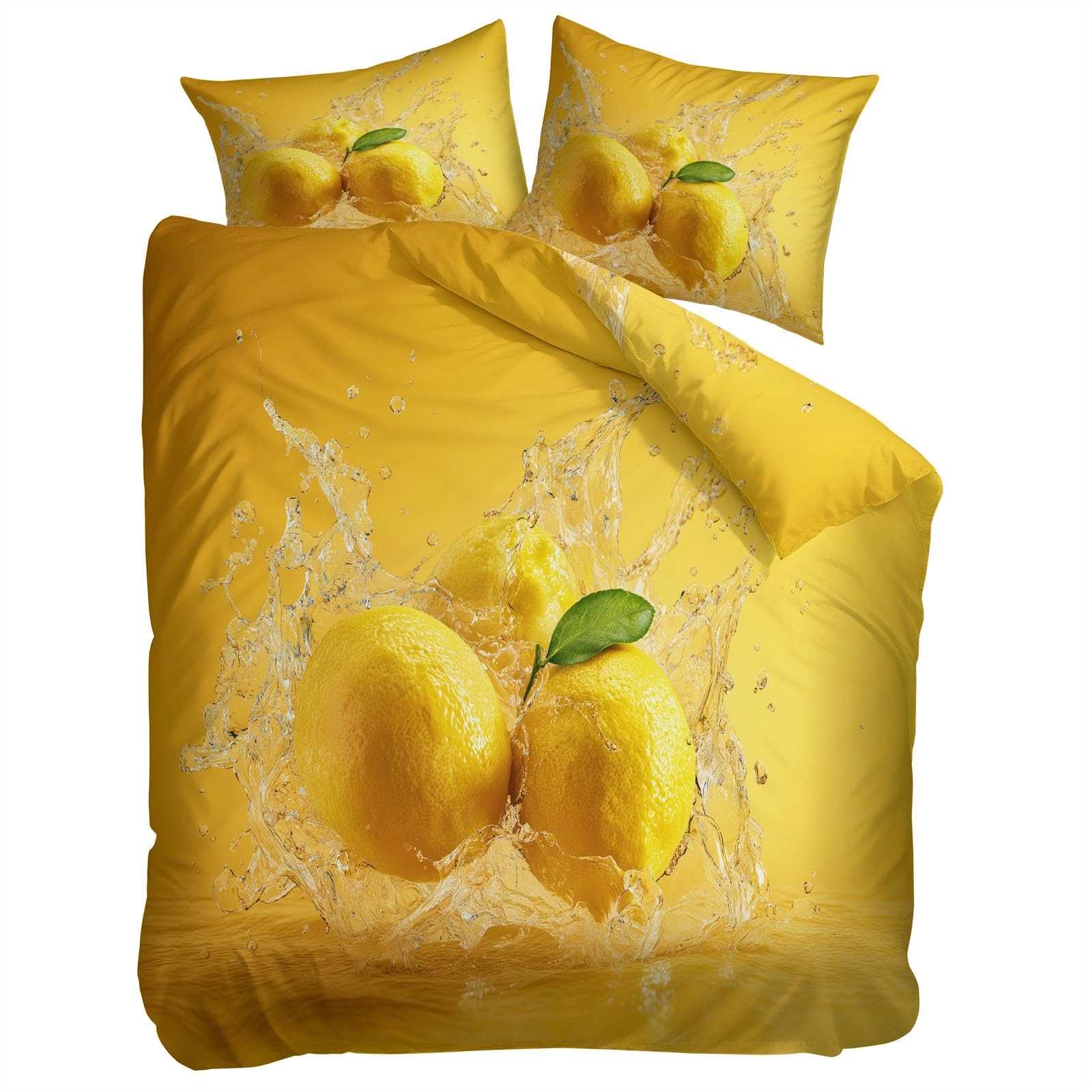 Generisch Komplet pościeli 3D, z mikrofibry, fotograficzna, cytryna, 200 x 200 cm, żółta, miękka, oddychająca, z 2 poszewkami na poduszkę 80 x 80 cm, na wszystkie pory roku