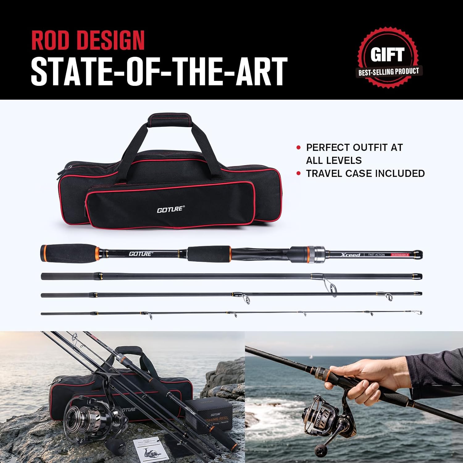 Goture Spinning Fishing Rod & Reel Combo with Carrier Bag,6.6-9FT,Spin Reels, Lures Kit, Pliers, Braided Line, Fish Gripper, Carbon Fiber Freshwater Fishing Rod Full Kit for Starter