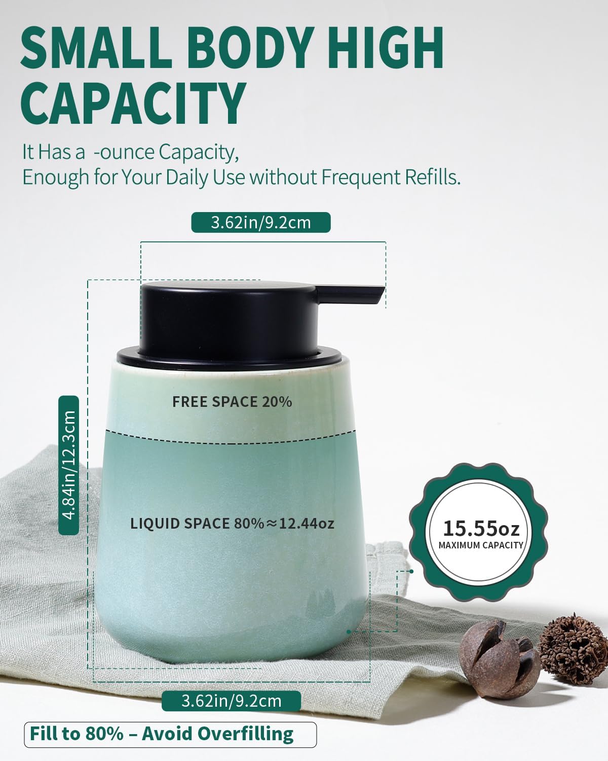 BosilunLife Hand Soap Dispenser - Ceramic Dish Soap Dispenser for Bathroom 12ounce Refillable Liquid Hand Wash Dispenser for Essential Oil, Lotion Soap, Light Green - Image 3