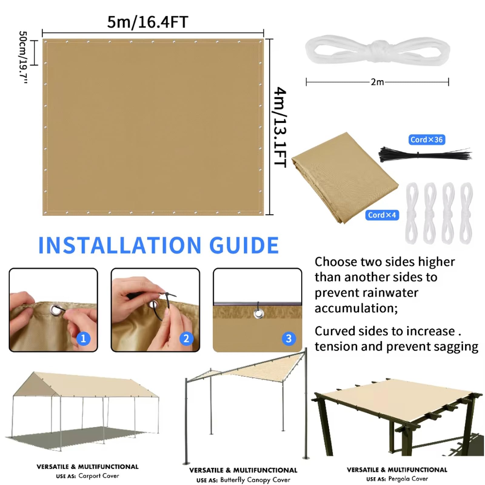 Sonnensegel 3.5x4M Wasserdicht Rechteckig mit Ösen, Sonnensegel Rechteck, Sonnenschutz Windschutz, inkl Befestigungsseile, Markisenstoff 95% UV-Schutz für Garten Balkon Terrasse - Gebrochenes Weiß