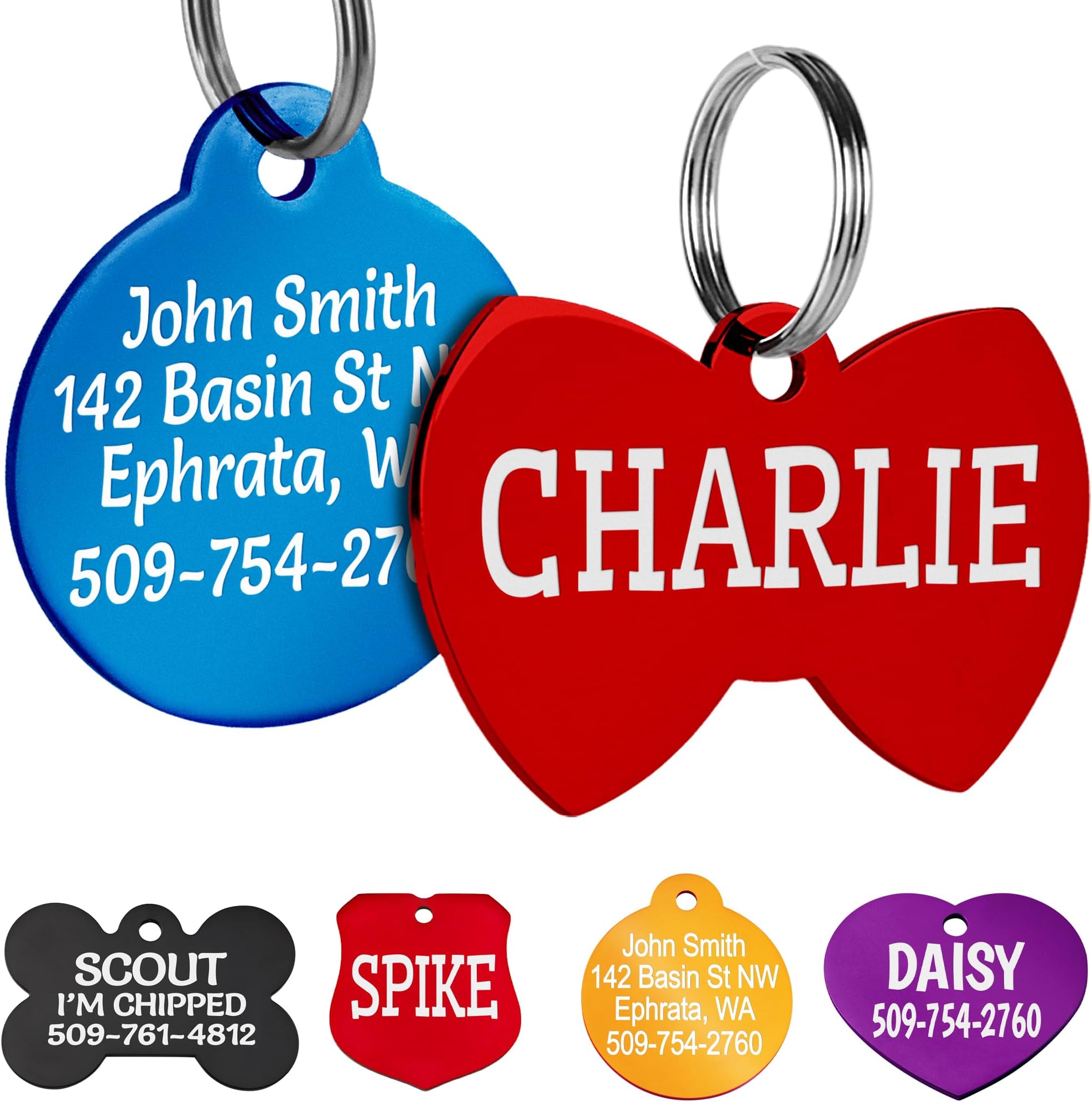 GoTags Dog Tags, Personalized Engraved Dog and Cat ID Tags for Pets, Custom Engraved on Both Sides, Various Shapes Including Bone, Round, Heart, Bow Tie, Star, and Badge (Bow Tie, Large - Pack of 1)