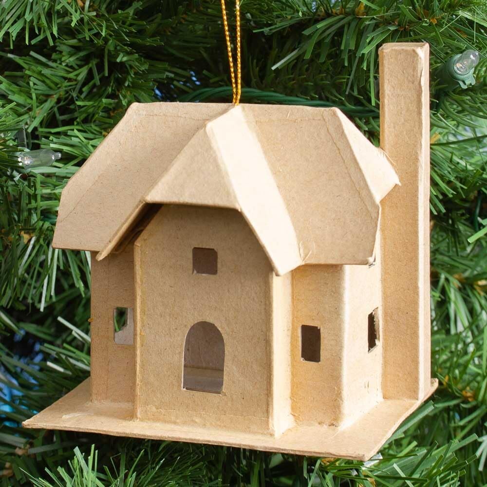 Factory Direct Craft Pack of 6 Paper Mache Houses - Cardboard Papier Mache Cottage Home Ornaments for DIY Christmas Tree Decorations (4-1/2" L x 3-1/2" W x 4-1/4" H)